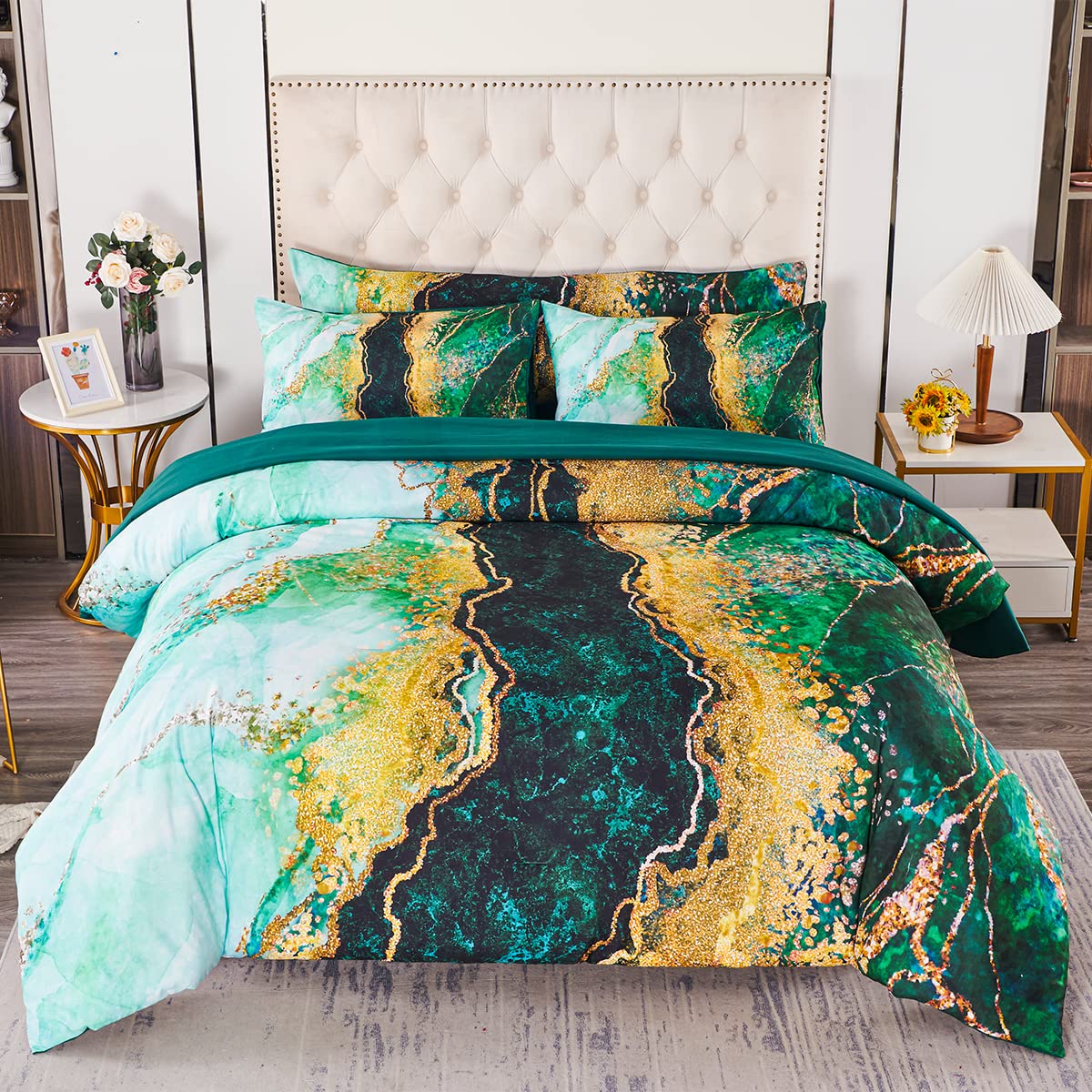 Perfemet Green Marble Pattern Bedding Sets Queen Size Watercolor Tie Dye Quilt Sets Luxurious Retro Artwork Comforter Sets Ultra