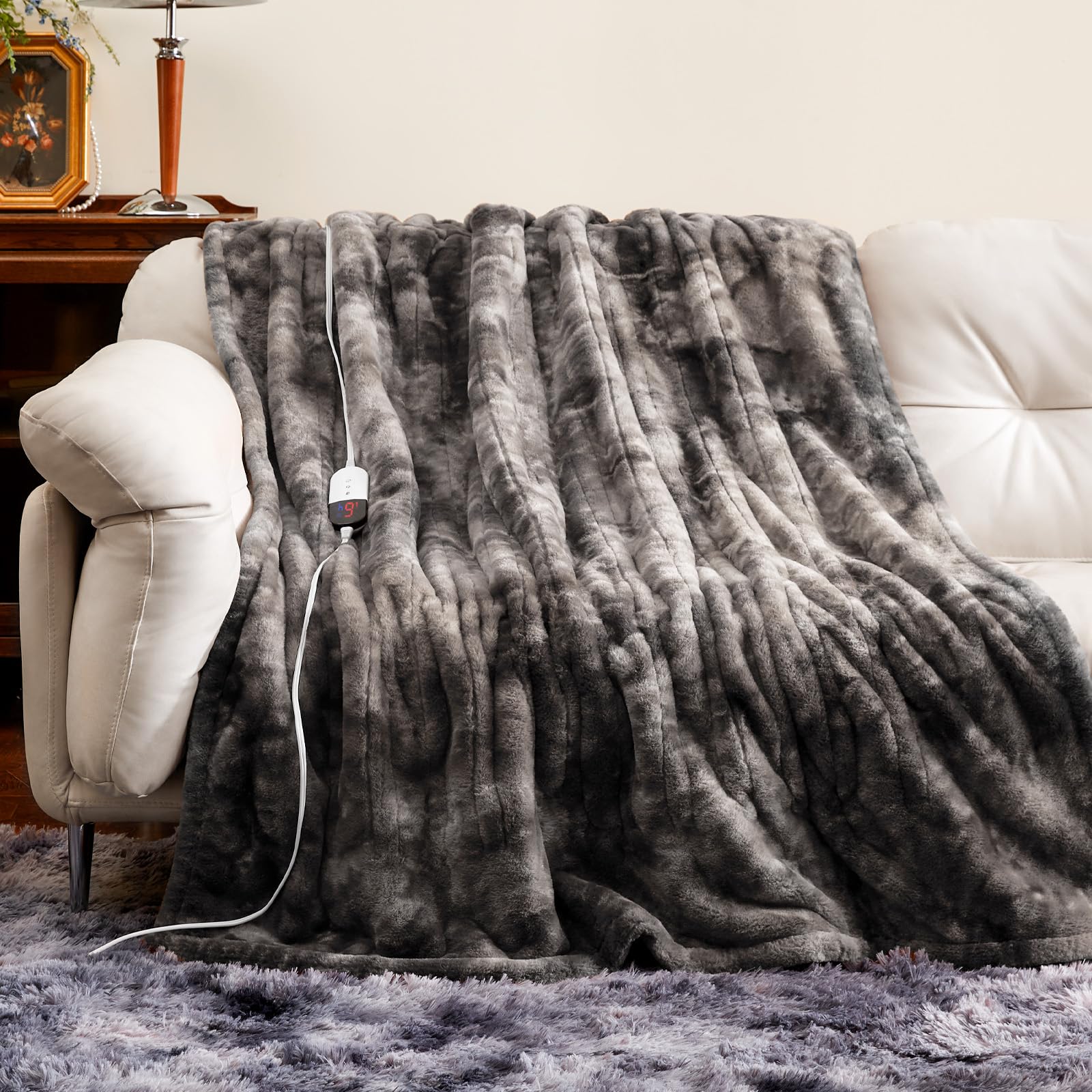 Maxeve Electric Heated Throw Faux Rabbit Fur Blanket With 6 Heating Levels & 4 Hours Auto Off, Fast Heating Warm Cozy Sherpa Was