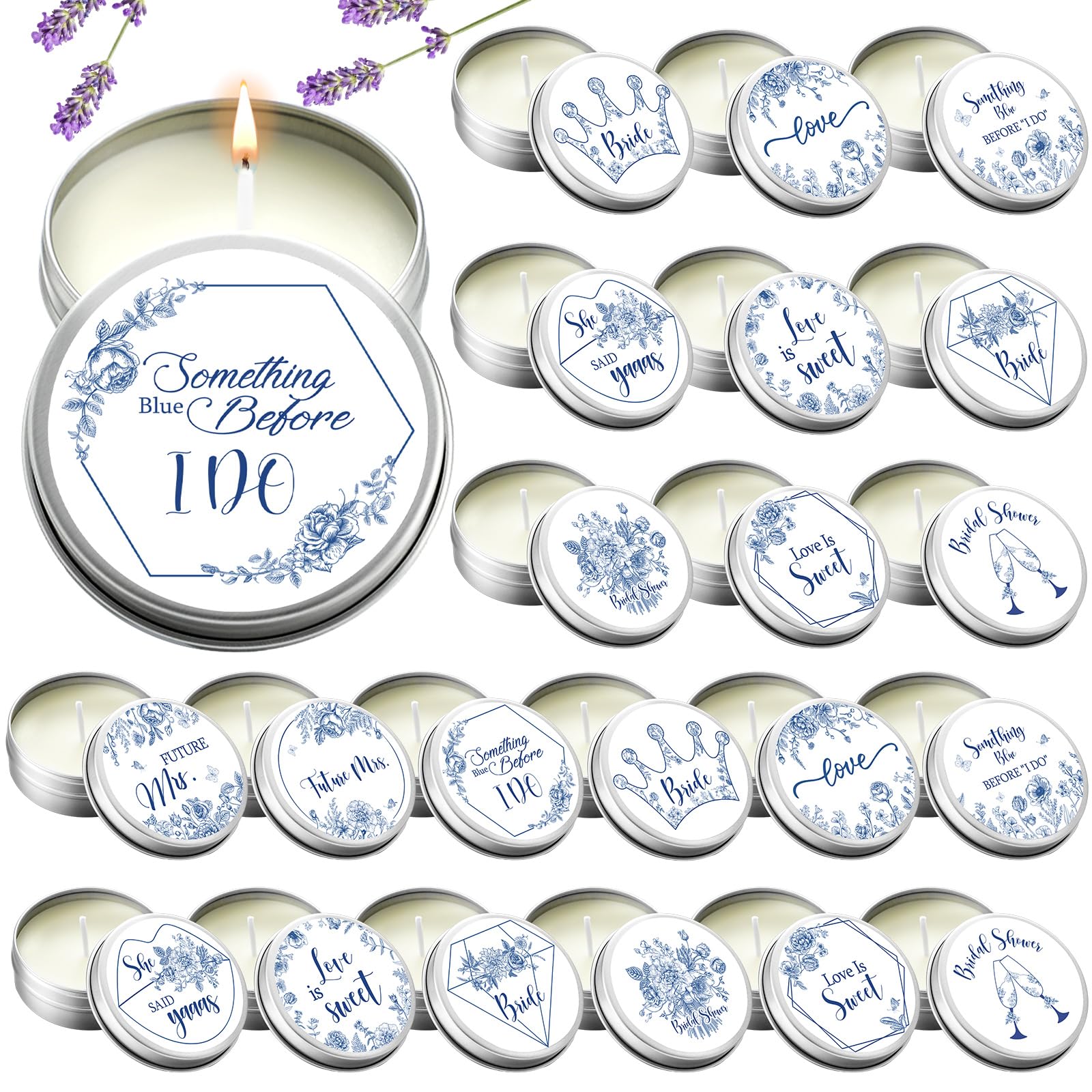 Treela 24 Pcs Something Blue Before I Do Candles Favors Lavender Scented Candle Tins with Lids Floral Candle Gift Favors for Som