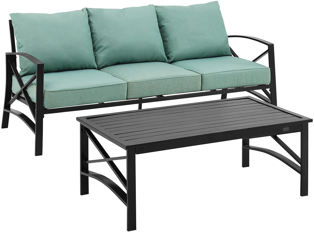 Crosley Furniture Kaplan 2-Piece Outdoor Sofa Patio Furniture Set, Conversation Sets For Porch, Deck, Oiled Bronze With Mist Cushions