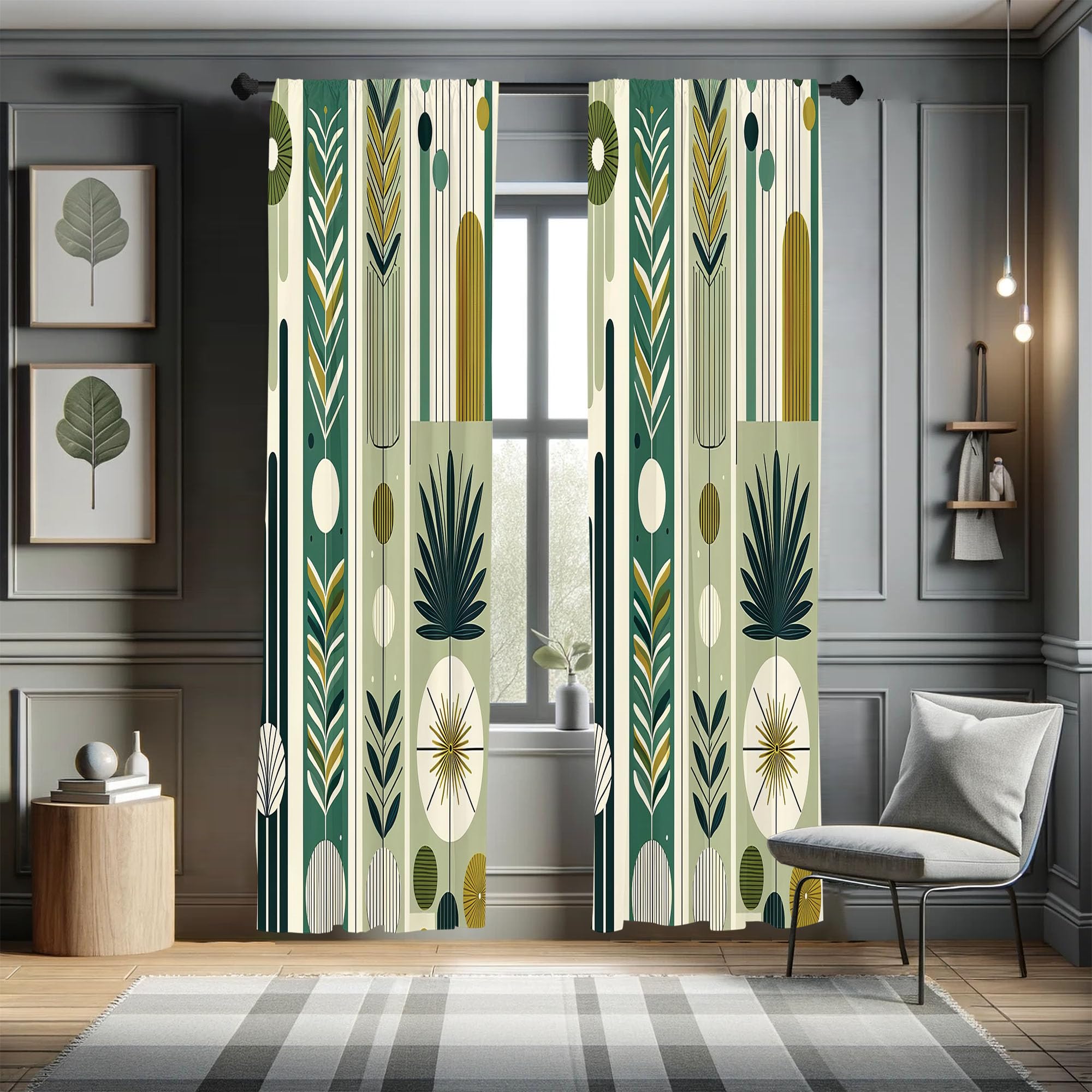 Ambesonne Mid Century Modern Curtains, Abstract Circles Leaves and Stripes in Nature Color Palette, Window Treatments 2 Panel Se