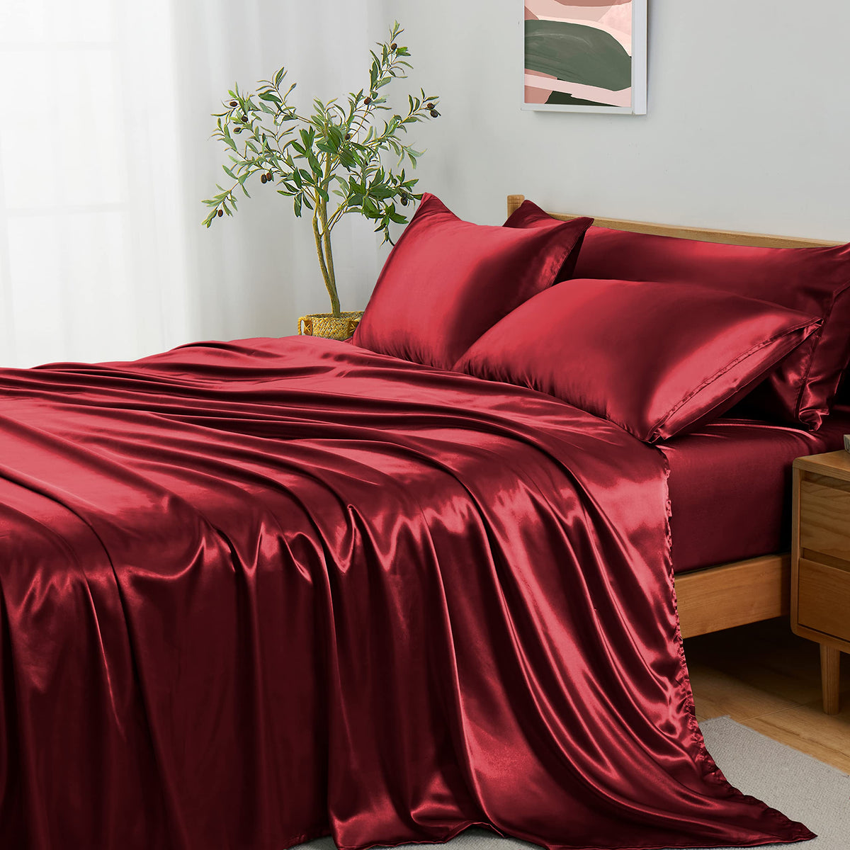 Entisn 5Pcs Silky Satin Sheets Set, Queen Size Satin Bed Sheets Set, Burgundy Luxury Bedding Sets, Breathable & Ultra Soft Sheet