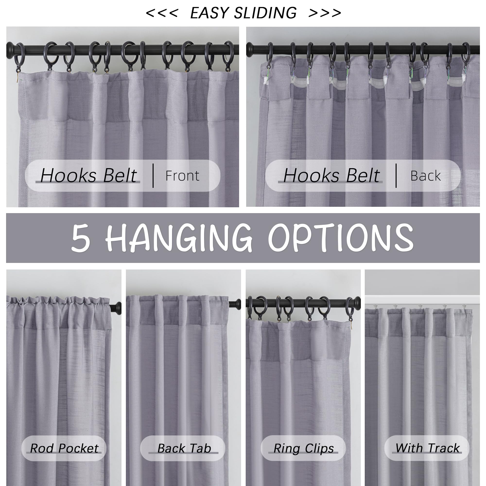 Lavender Light Purple Linen Back Tab Sheer Curtains 84 Inches Long 2 Panels Set For Bedroom - Modern Farmhouse Hooks Belt Pleated Semi Privacy Drapes Rod Pocket Light Filtering Window Curtains