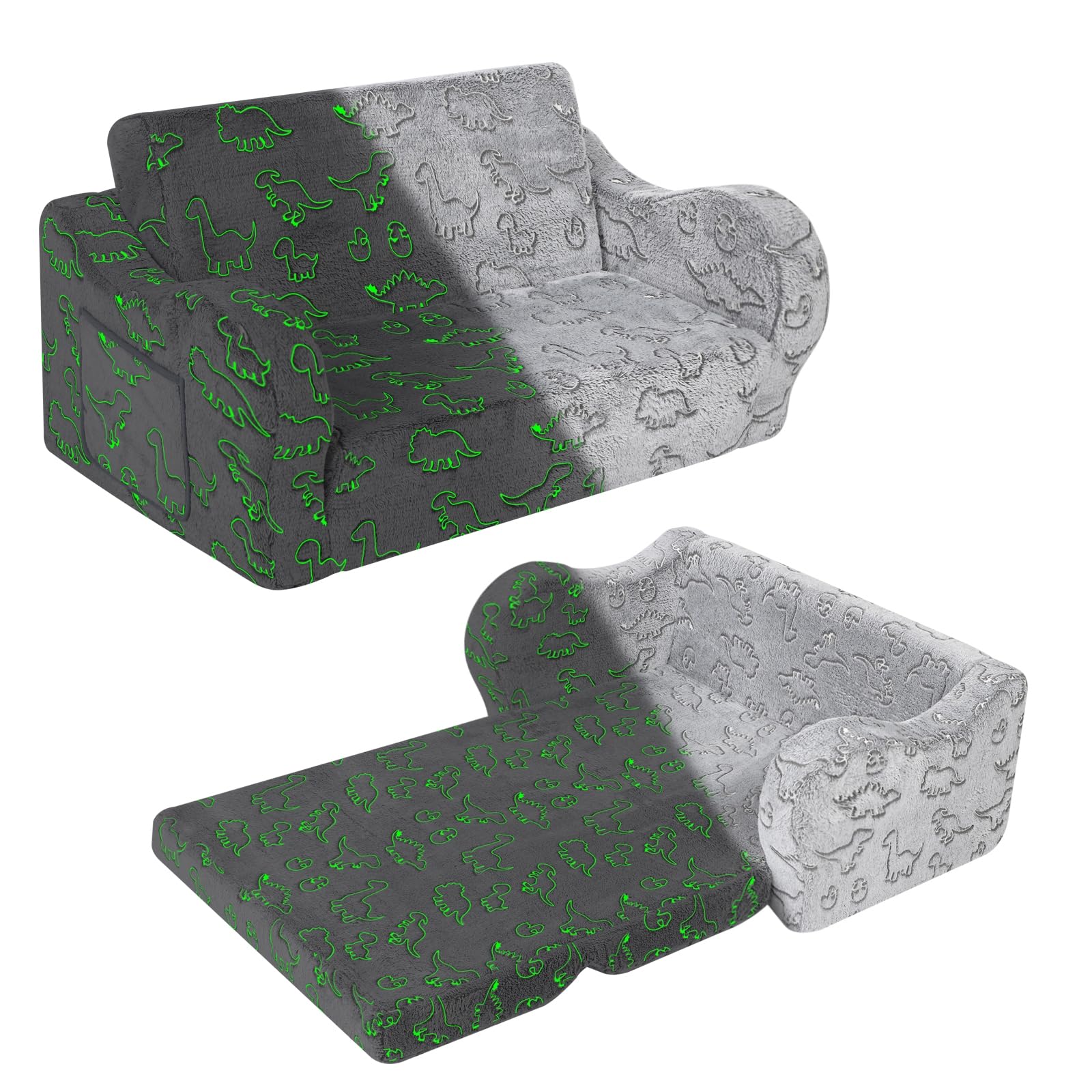 Momcaywex Kids Extra Wide Glow In The Dark Chairs For Toddler, 2-In-1 Toddler Soft Sherpa Couch Fold Out, Convertible Sofa To Lo