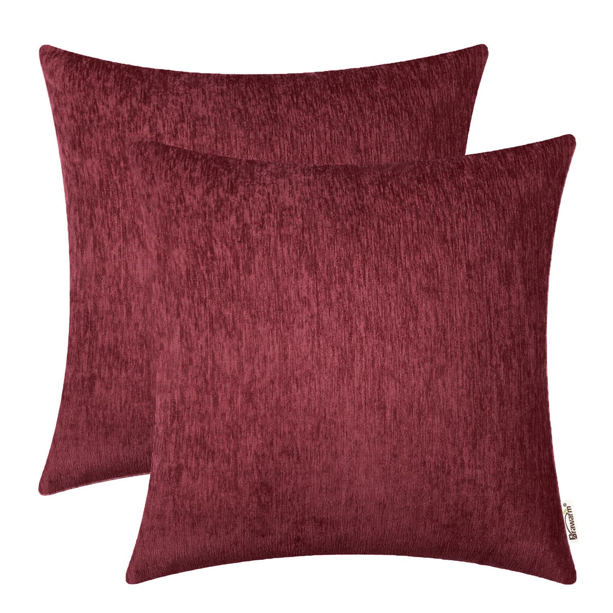 Brawarm Chenille Throw Pillow Covers 18X18 Inches - Burgundy Chenille Pillow Covers Pack Of 2, Solid Dyed Soft Chenille Pillow C