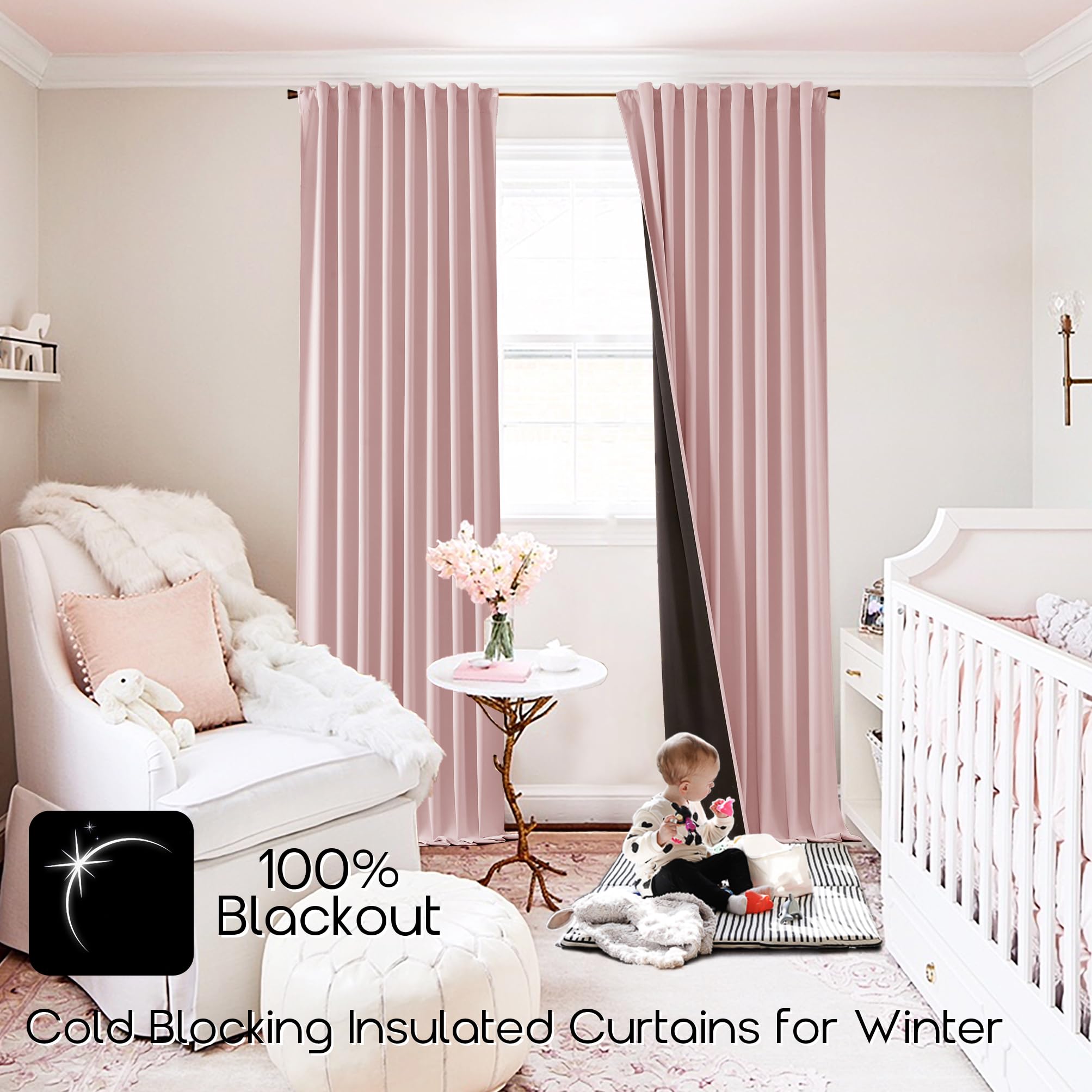Shineland Pink Curtains 96 Inches Long 2 Panels 100% Blackout For Nursery Baby Room,Pretty Back Tab Pleated Boho Light Pink Ther
