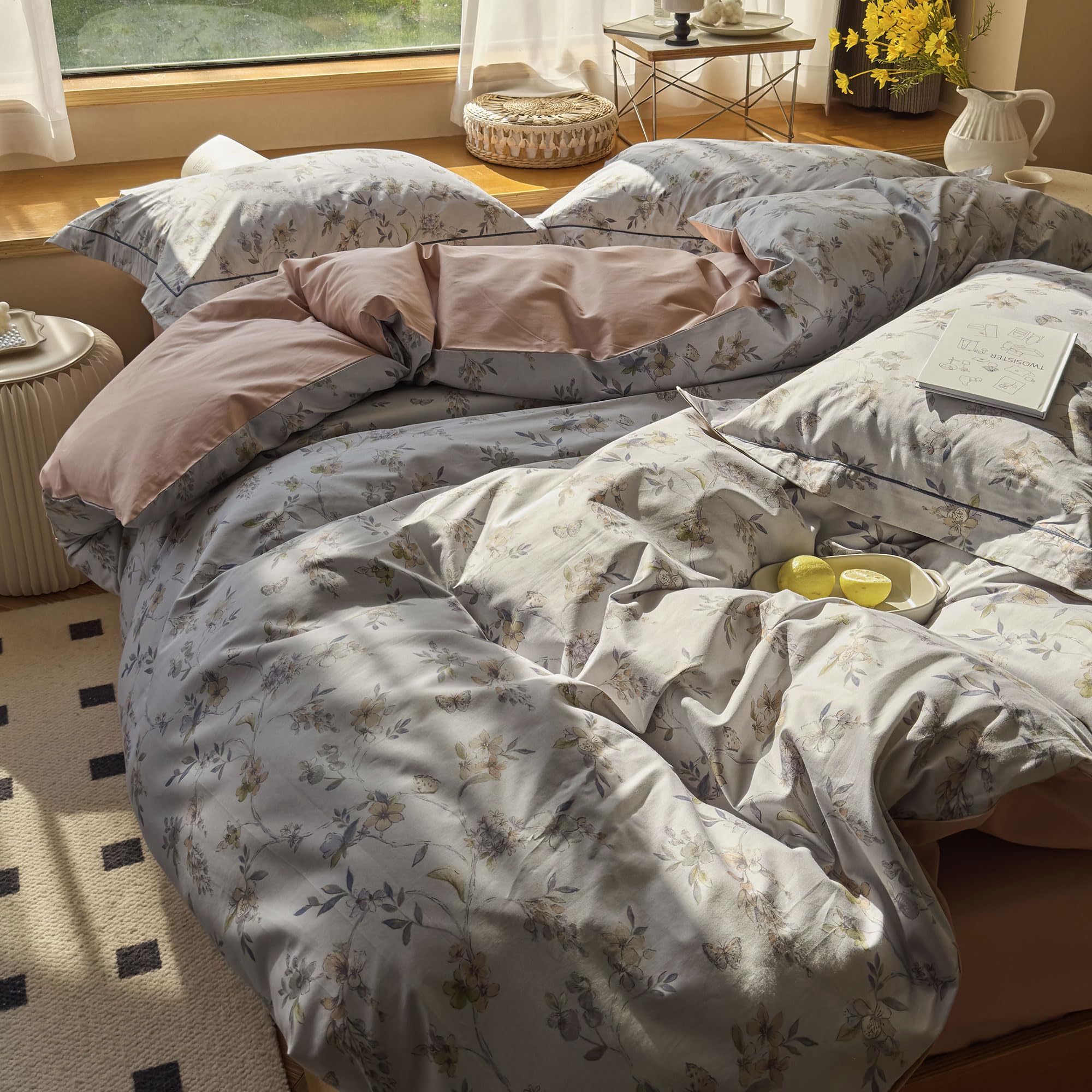 Aojim Aesthetic Colorful Duvet Cover Set With Floral Pattern, Pure Cotton Soft Comforter Cover Set 3Pcs For Kids Adults, 1 Cozy