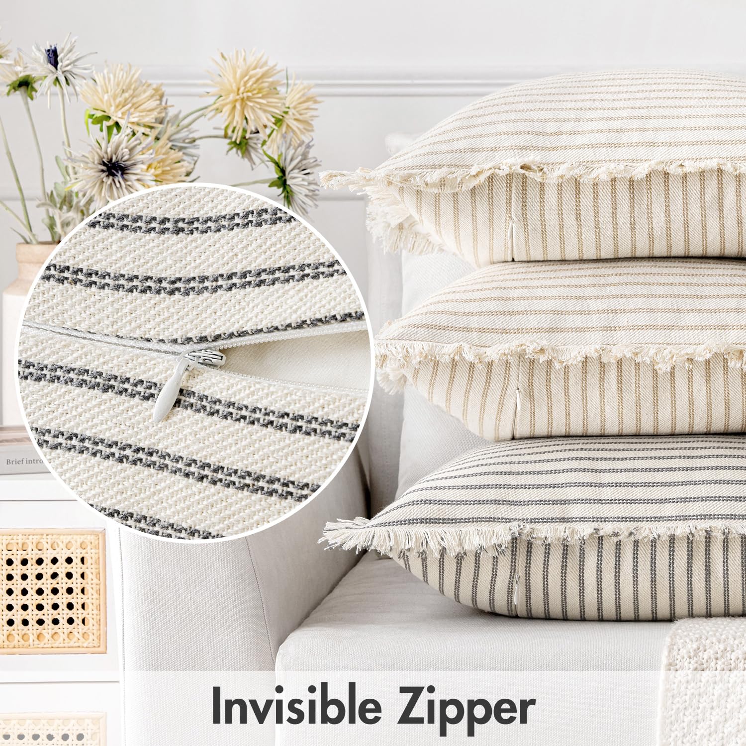 Miulee Pack Of 2 Gray Pillow Covers 18X18 Inch Striped Farmhouse Couch Throw Pillow Covers With Fringe Chic Linen Decorative Cushion Covers For Sofa Living Room Bed Home Decor