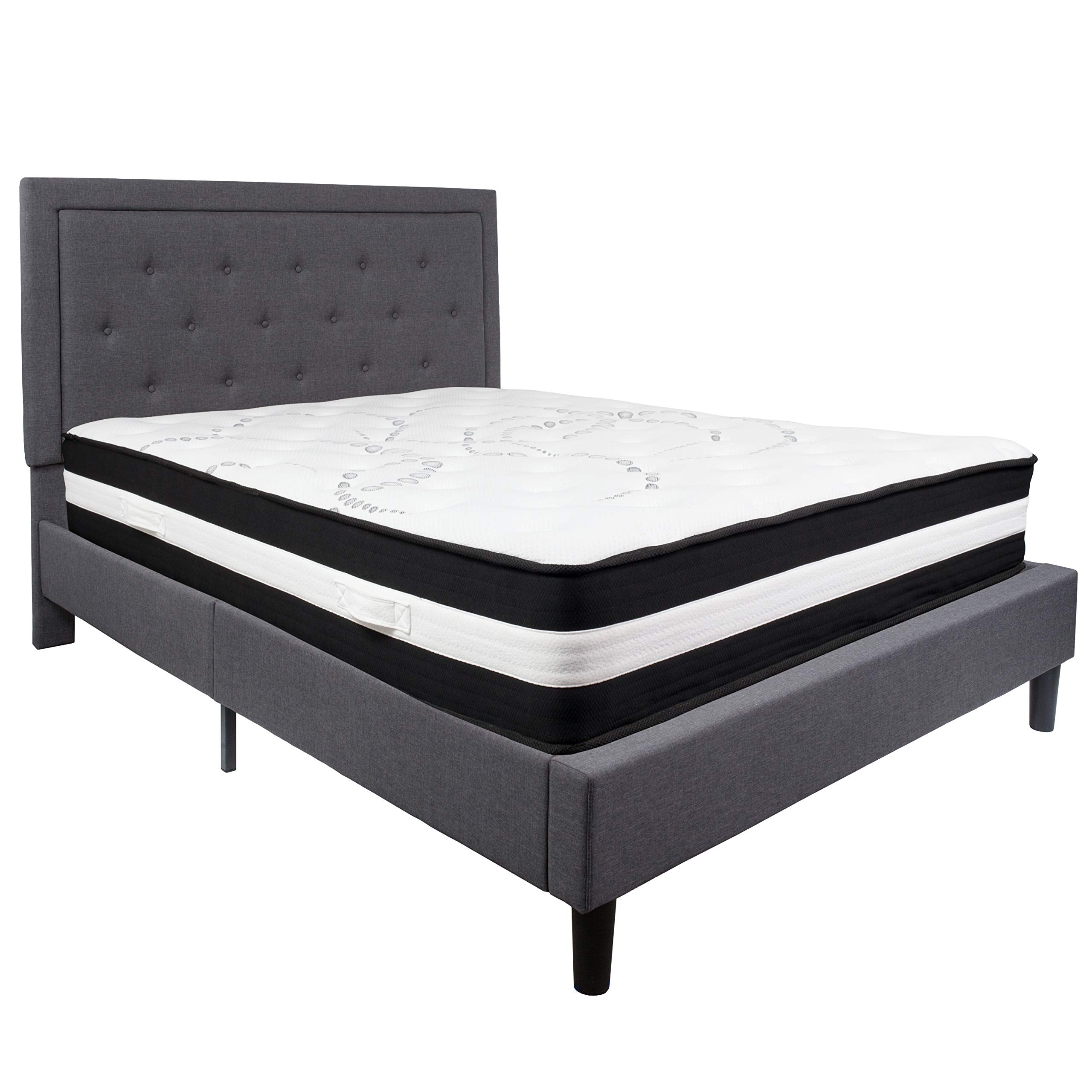 Flash Furniture Roxbury Queen Size Tufted Upholstered Platform Bed In Dark Gray Fabric With Pocket Spring Mattress