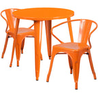 Flash Furniture Conrad Commercial Grade 30" Round Orange Metal Indoor-Outdoor Table Set with 2 Arm Chairs
