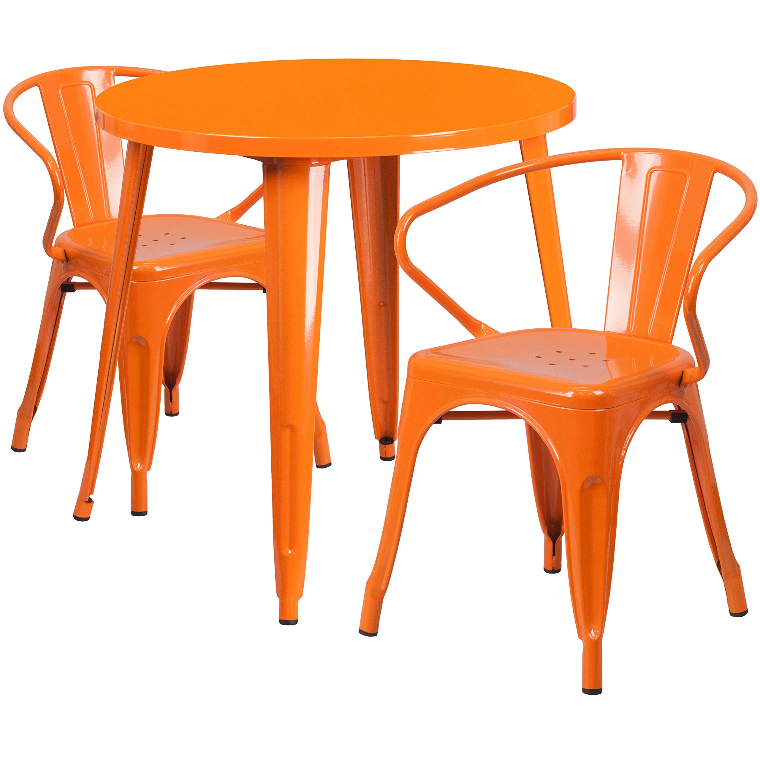 Flash Furniture Conrad Commercial Grade 30" Round Orange Metal Indoor-Outdoor Table Set with 2 Arm Chairs