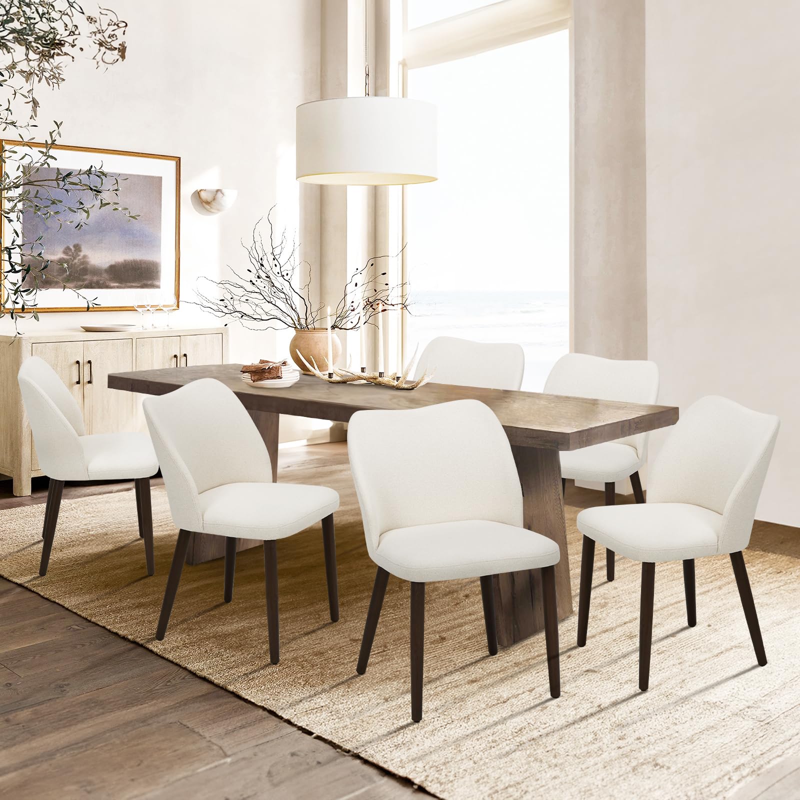 COLAMY Upholstered Dining Chairs Set of 6, Modern Fabric Dining Room Kitchen Side Chair with Padded Seat and Wood Legs for Resta