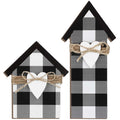 2 Pieces Buffalo Plaid Decor Wooden House Shaped Block Sign, Farmhouse Buffalo Plaid Home Sign Tiered Tray Decor for Christmas L
