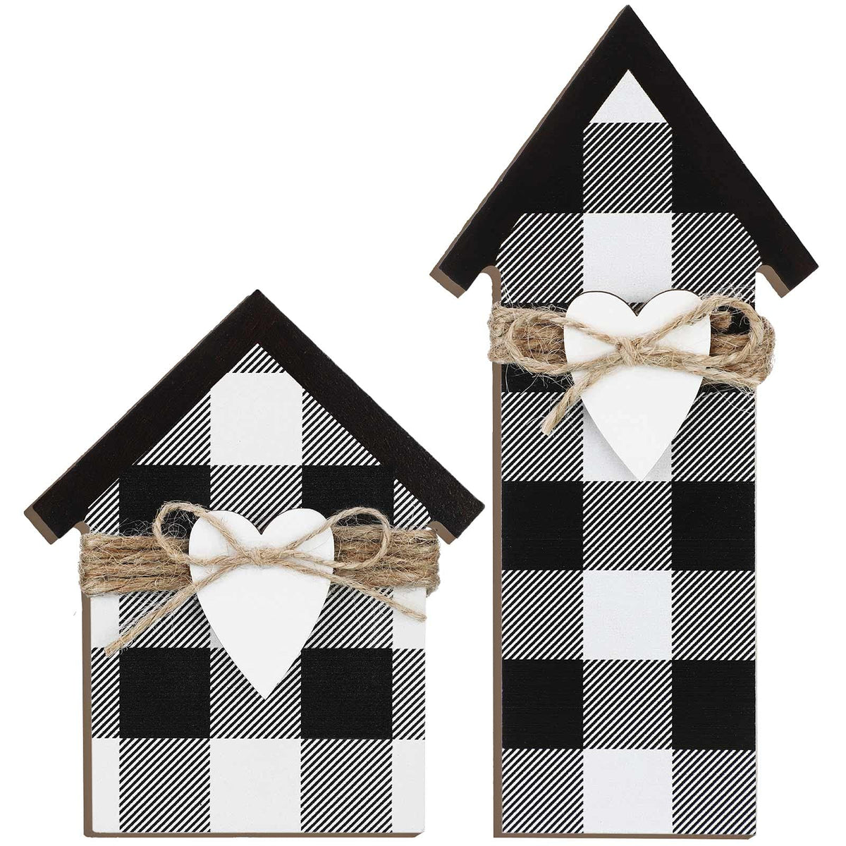 2 Pieces Buffalo Plaid Decor Wooden House Shaped Block Sign, Farmhouse Buffalo Plaid Home Sign Tiered Tray Decor for Christmas L