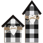 2 Pieces Buffalo Plaid Decor Wooden House Shaped Block Sign, Farmhouse Buffalo Plaid Home Sign Tiered Tray Decor for Christmas L