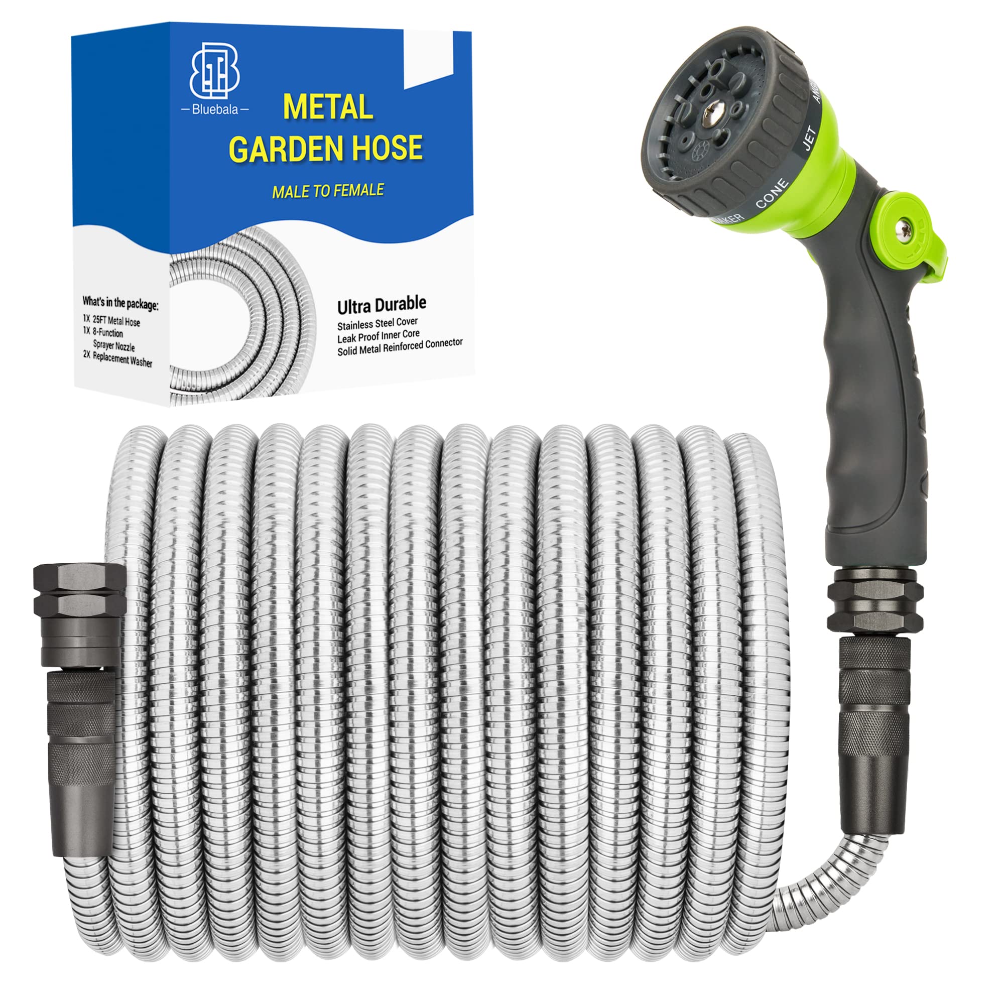 Bluebala Metal Garden Water Hose - Heavy Duty Stainless Steel Water Hose With 8-Mode Spray Nozzle, 3/4' Fittings, Reinforced Co