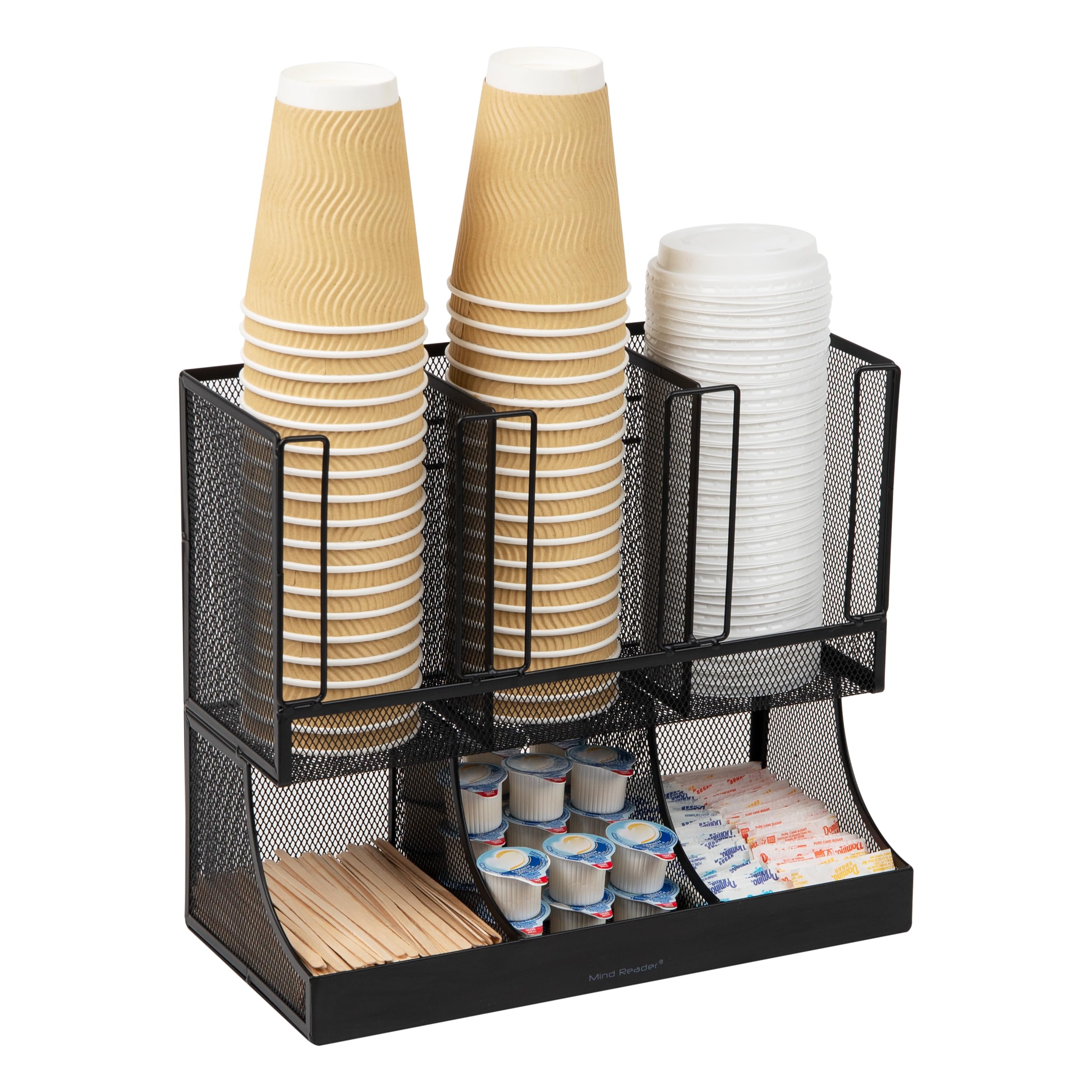 Mind Reader Cup and Condiment Station, Countertop Organizer, Coffee Bar, Kitchen, Metal Mesh, 13''L x 6.45''W x 11.25''H, Black