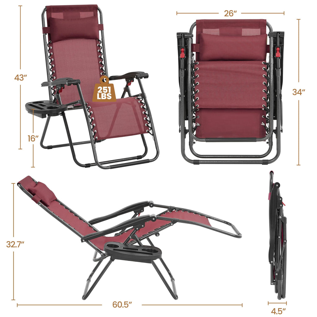 Yaheetech 26' Zero Gravity Recliners Outdoor Adjustable Folding Reclining Lounge Chairs W/Pillows, Cup Holder Trays And Carry Strap For Patio Backyard Beach Burgundy Set Of 2