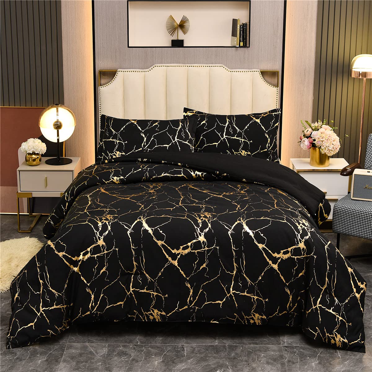 Holawakaka Gold Metallic Marble Comforter Set King Size Foil Print Glitter Bedding Sets,Black/Gold,King