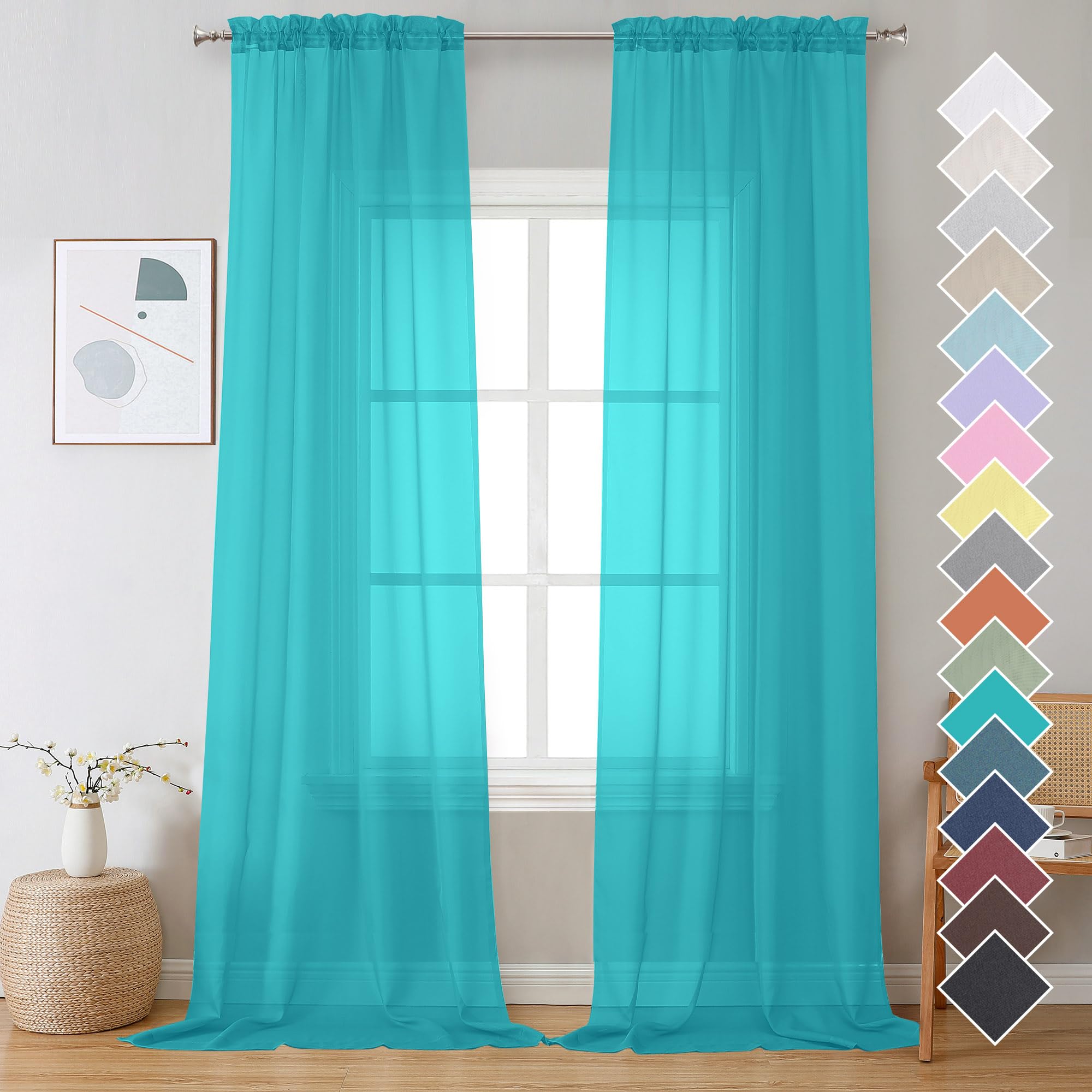Ovzme 2 Panels Sheer Curtains 108 Inches Long, Light Filtering Semi Transparent Lightweight Voile Rod Pocket Window Curtains For