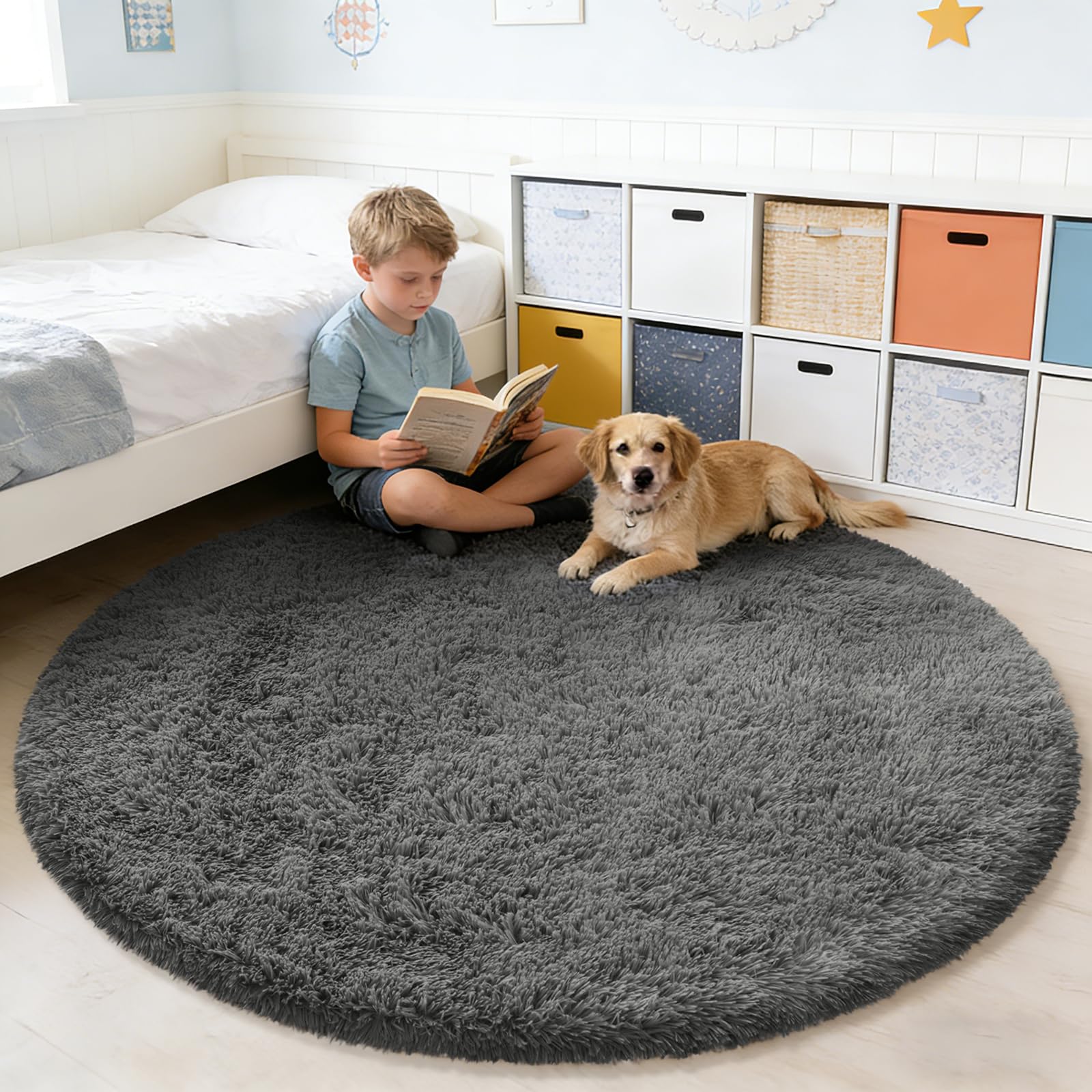 yulidayang Fluffy Round Area Rugs for Bedroom,5'X5'Shag Circle Area Rugs for Living Room,Non Slip Fuzzy Plush Rug for Kids Room 
