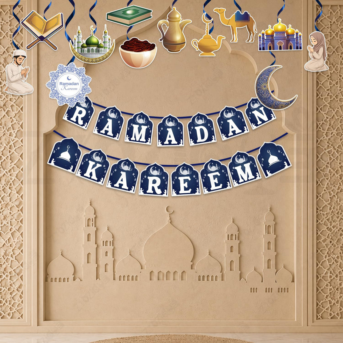 Zyozique 13 Pieces Ramadan Kareem Decoration Combo | Islamic Party Decoration Set with Ramadan Kareem Paper Banner & Swirls Hang