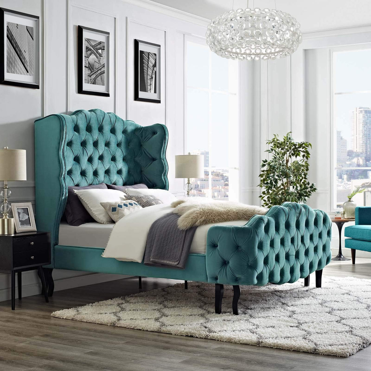 Modway Violette Performance Velvet Tufted Wingback Queen Platform Bed In Sea Blue