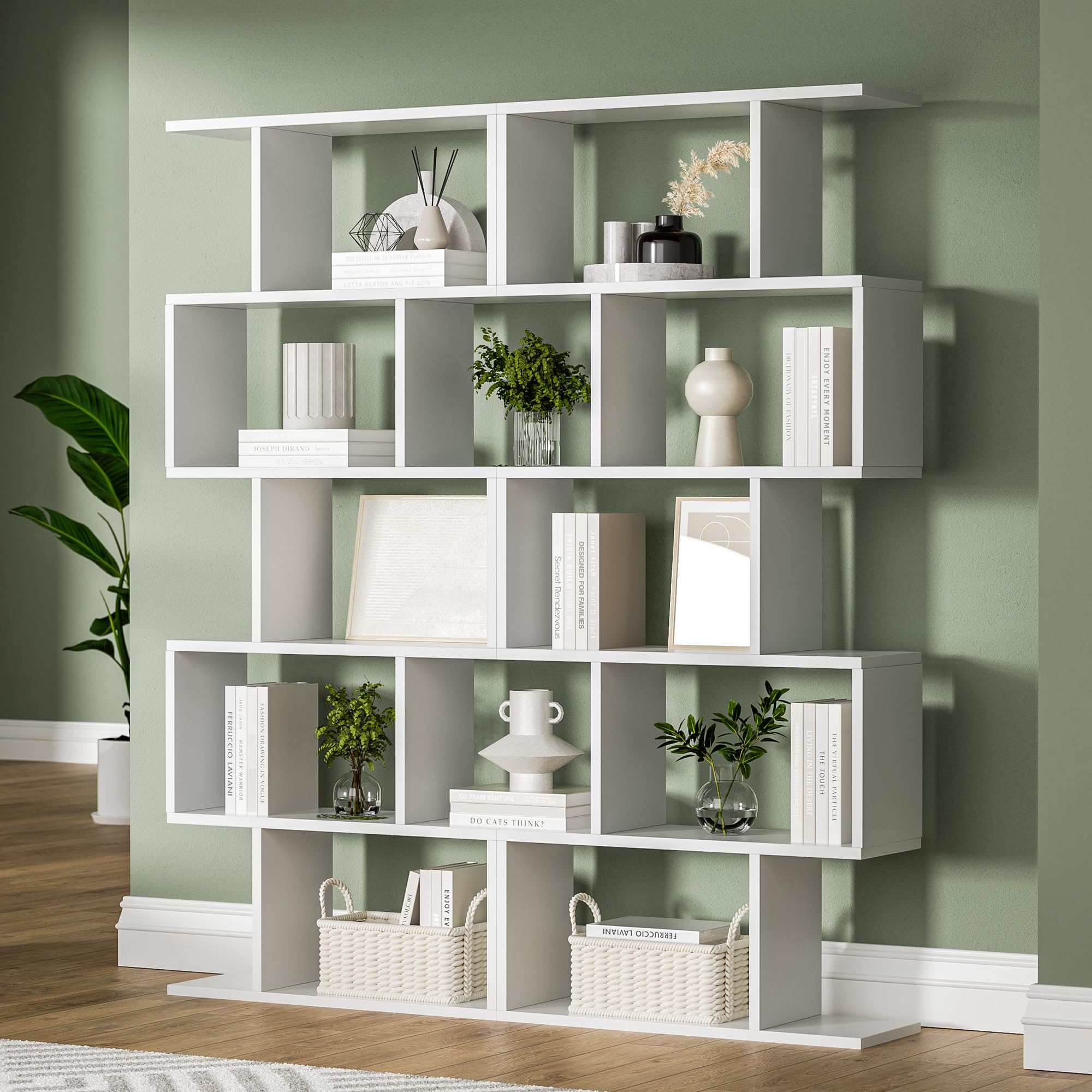 DIYART White 5-Tier Geometric Bookcase, S-Shaped Modern Bookshelf Set of 2, 62.6 Tall Room Divider Book Shelf, Decorative Displa