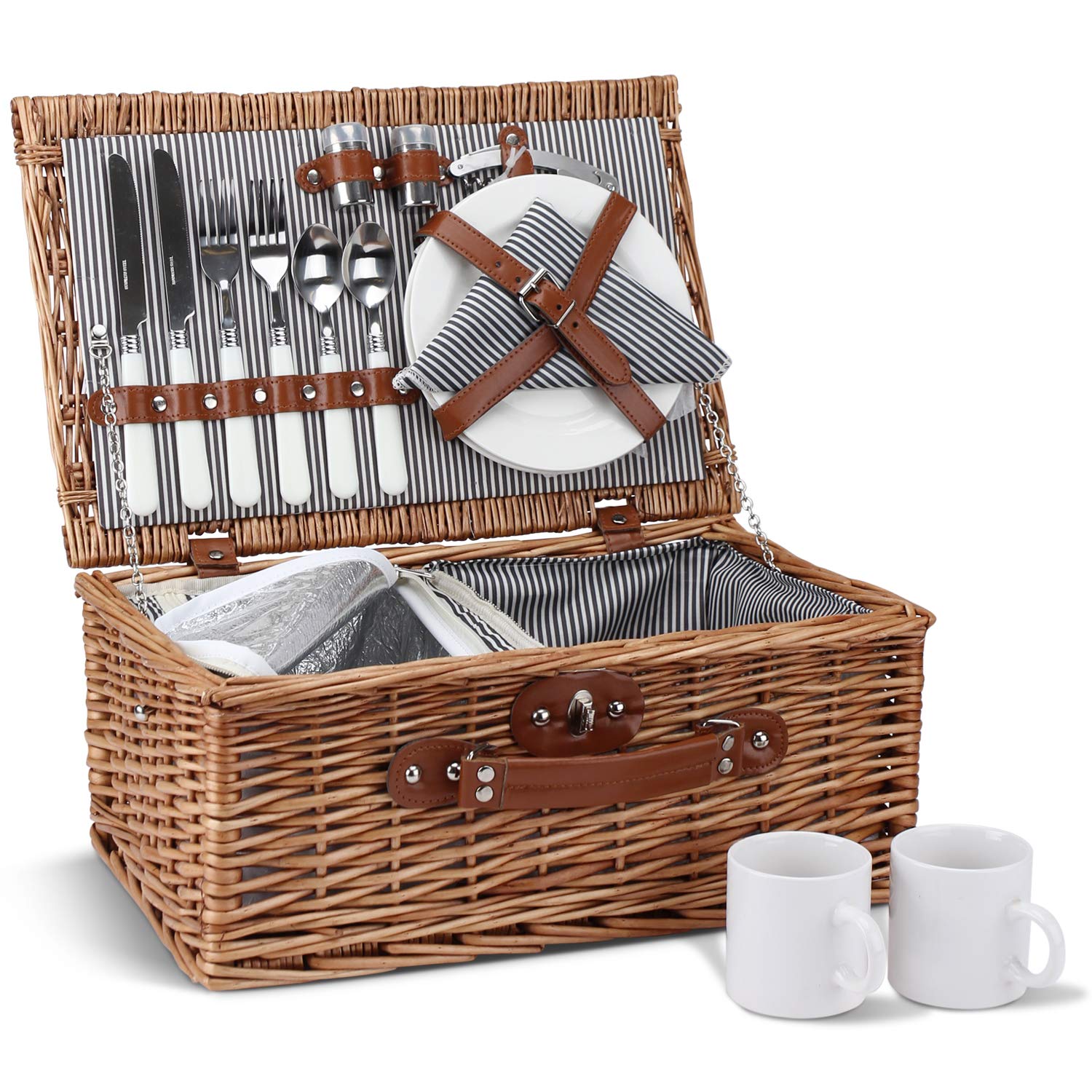 Picnic Basket For 2, Willow Hamper Set With Insulated Compartment, Handmade Large Wicker Picnic Basket Set With Utensils Cutlery
