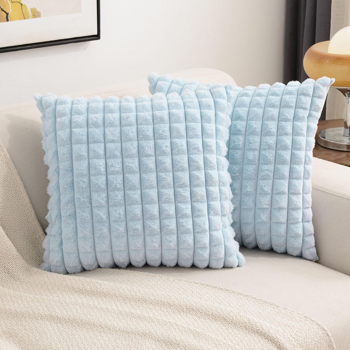 Futei Light Blue Decorative Throw Pillow Covers 14X14 Inch Set Of 2,Square Cushion Case,Fluffy Faux Rabbit Fur Plaid & Soft Velv