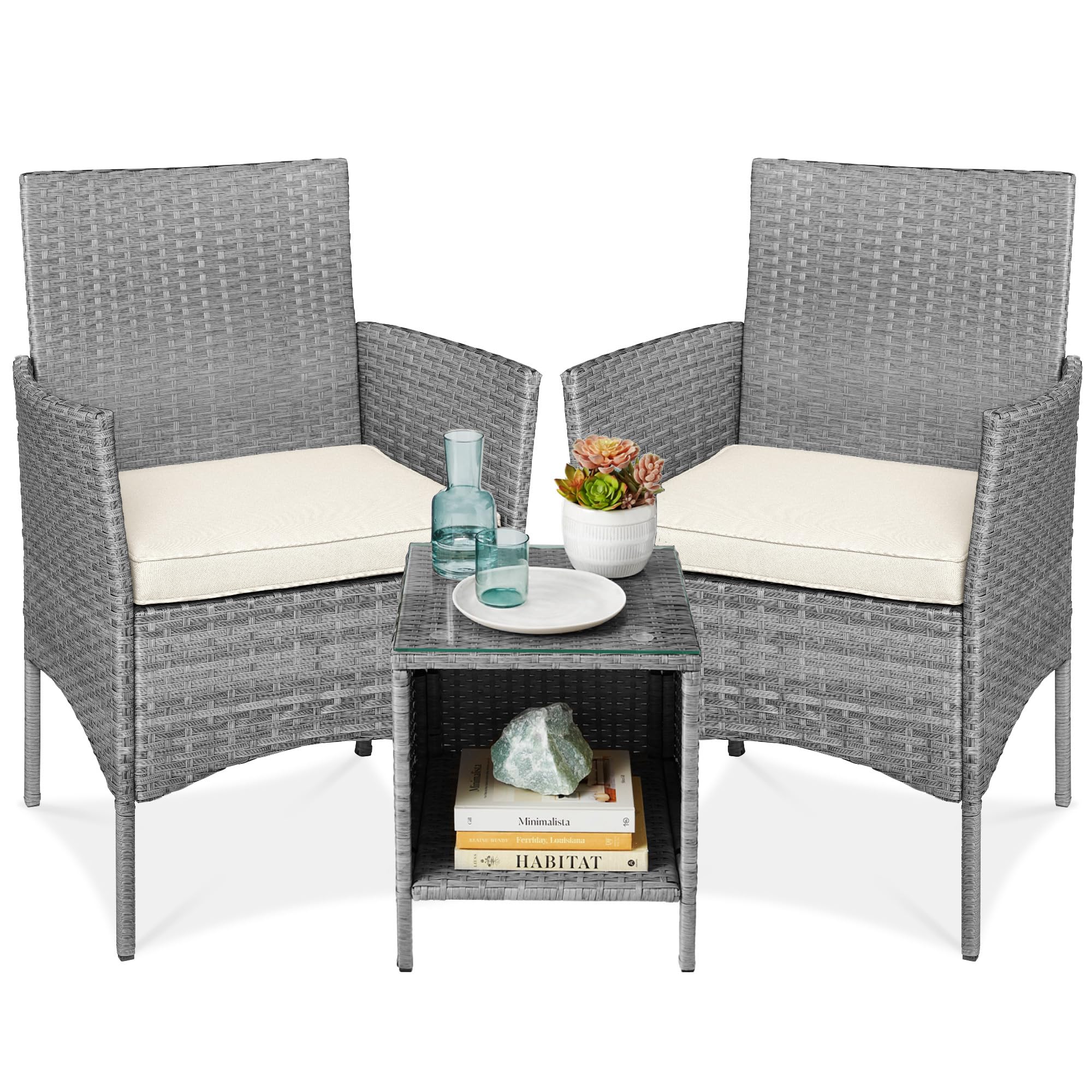 Best Choice Products 3-Piece Outdoor Wicker Conversation Bistro Set, Space Saving Patio Furniture For Garden W/Side Table - Gray/Cream