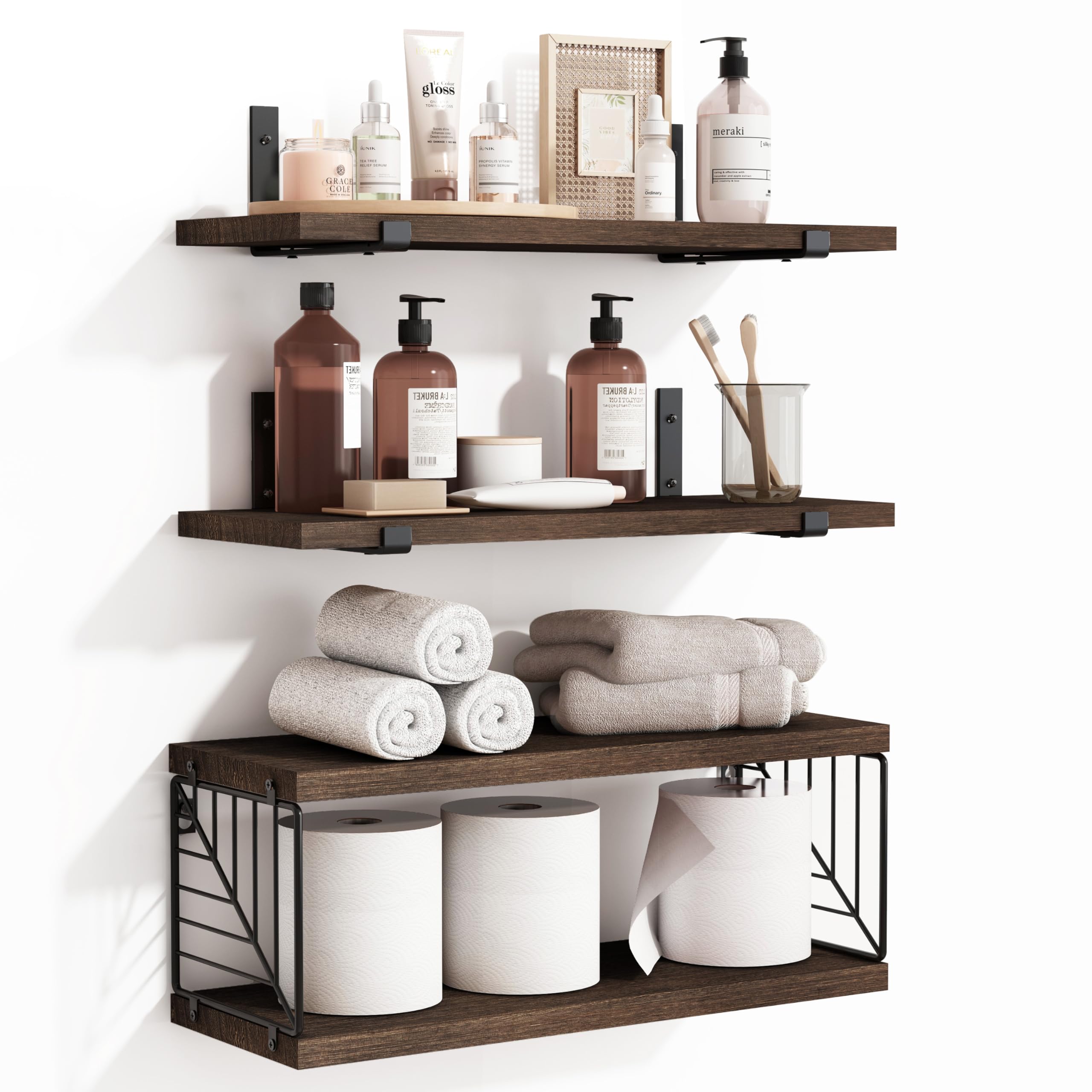 Fixwal 3+1 Tier Bathroom Floating Shelves Over Toilet, 15.8In Farmhouse Rustic Wood Shelves, Wall Decor For Bathroom, Living Room,Bedroom And Kitchen (Dark Brown)