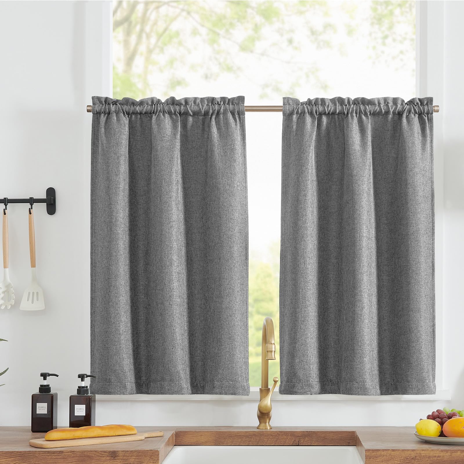jinchan Kitchen Curtains Linen Textured Tier Curtains Rod Pocket Flax Linen Look Tiers Curtains for Kitchen Living Room Farmhous