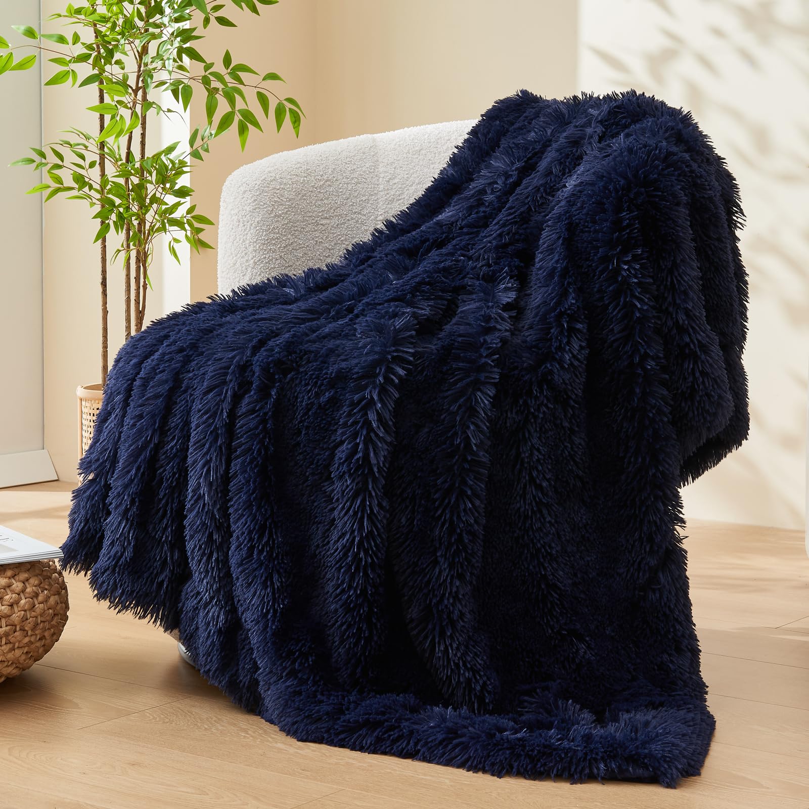 Gonaap Fuzzy Faux Fur Throw Blanket Dark Navy Super Soft Cozy Plush Fuzzy Shaggy Blanket For Couch Sofa Bed (Dark Navy, Throw(50
