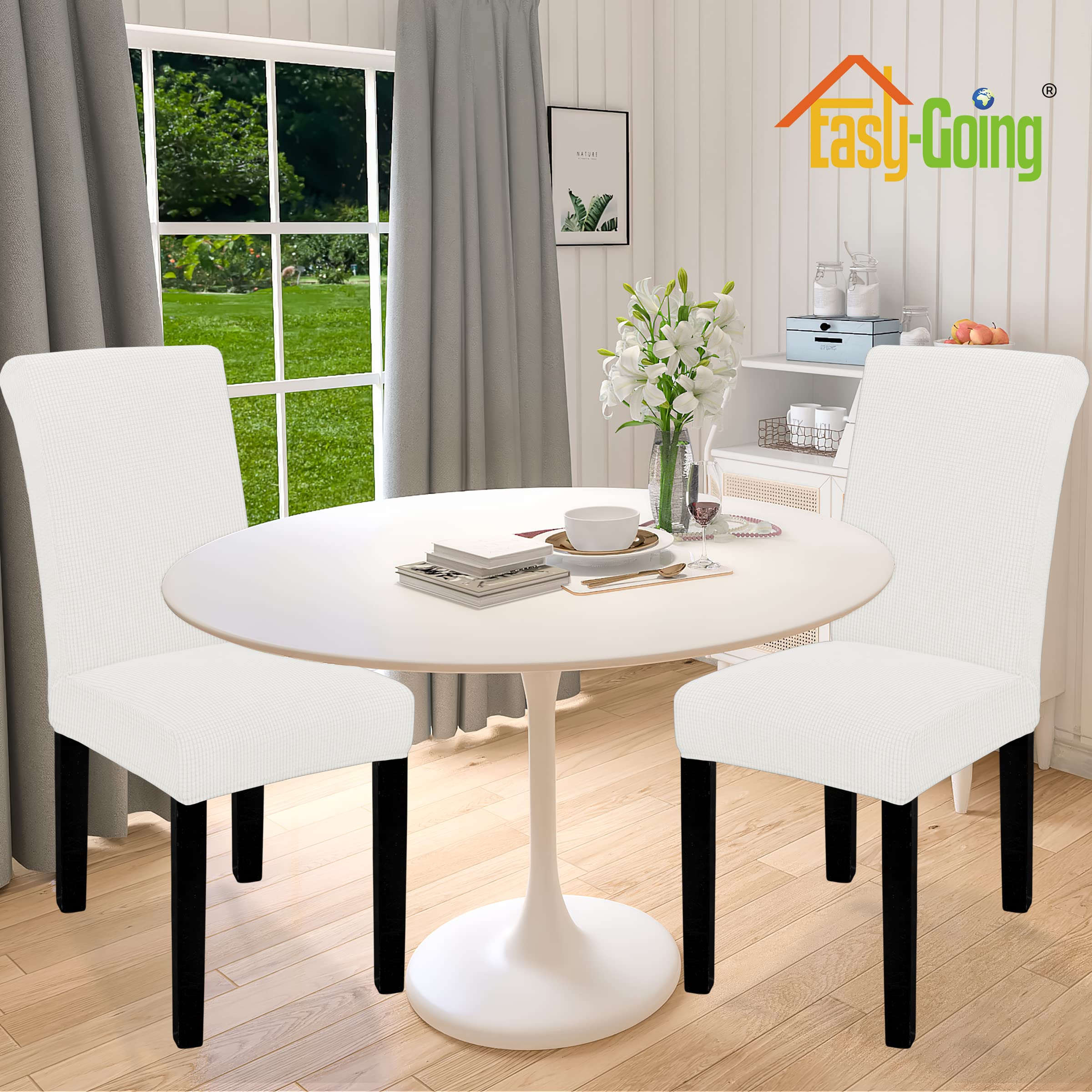 Easy-Going 100% Waterproof Dining Room Chair Cover Set Of 2, Stretch Jacquard Parson Chair Slipcover Removable Washable Chair Protector For Home, Restaurant, Banquet (Xlarge, Cream)