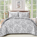 Wongs Bdeeing Quilt King Size, Grey Quilt Bedding Set With 2 Pillowcases, Botanical Quilt For King Bed, Soft Microfiber Lightwei
