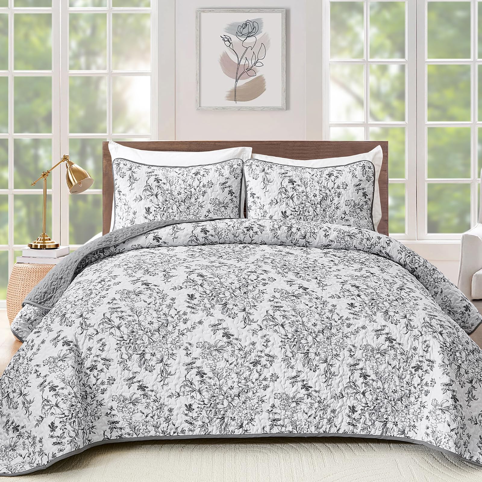 Wongs Bdeeing Quilt King Size, Grey Quilt Bedding Set With 2 Pillowcases, Botanical Quilt For King Bed, Soft Microfiber Lightwei