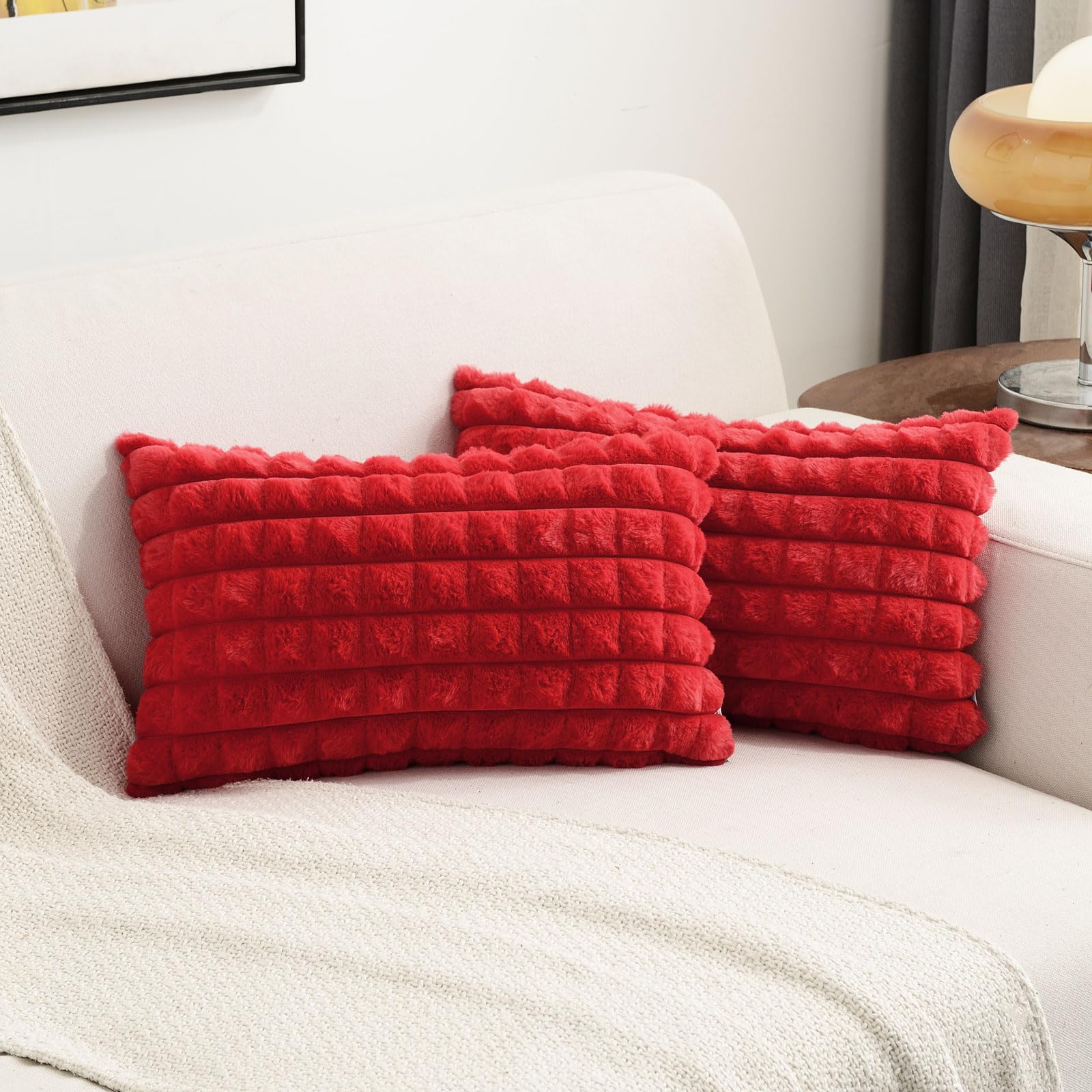 Futei Red Decorative Throw Pillow Covers 12X20 Inch Set Of 2, Rectangle Lumbar Pillowcase,Fluffy Faux Rabbit Fur Plaid & Soft Ve