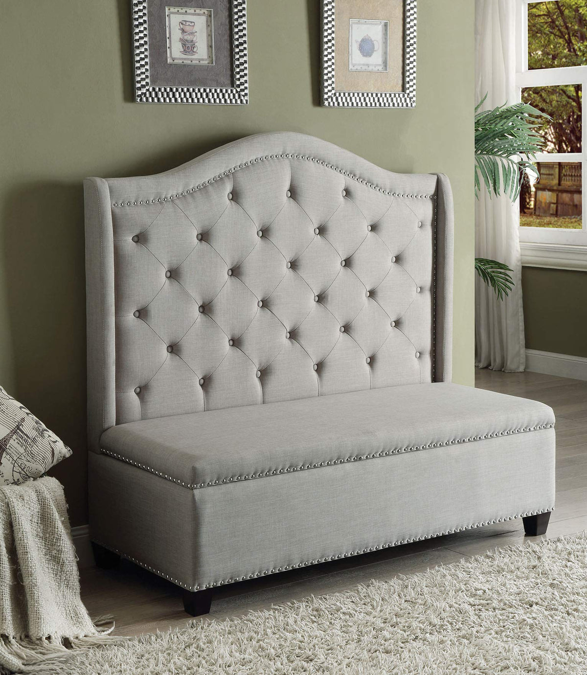 HomeRoots Beige Fabric Settee Sofa with Tufted Backrest and Storage Compartment - 54' x 22' x 50'