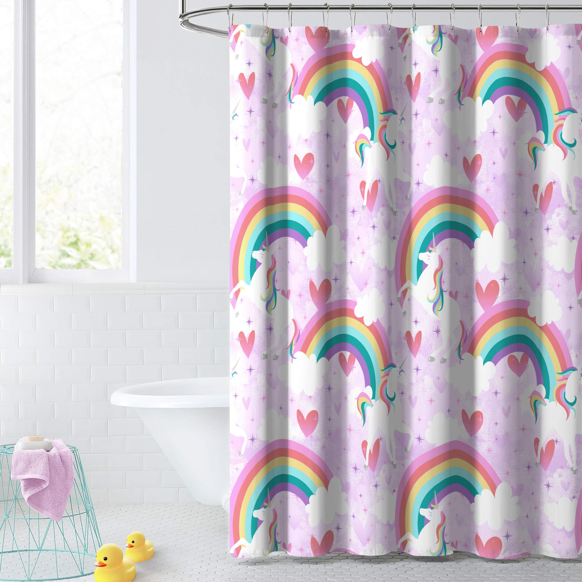 Dream Factory Kids Fabric Shower Curtain For Bathroom, 72 In X 72 In (W X L), Purple Unicorn Rainbow