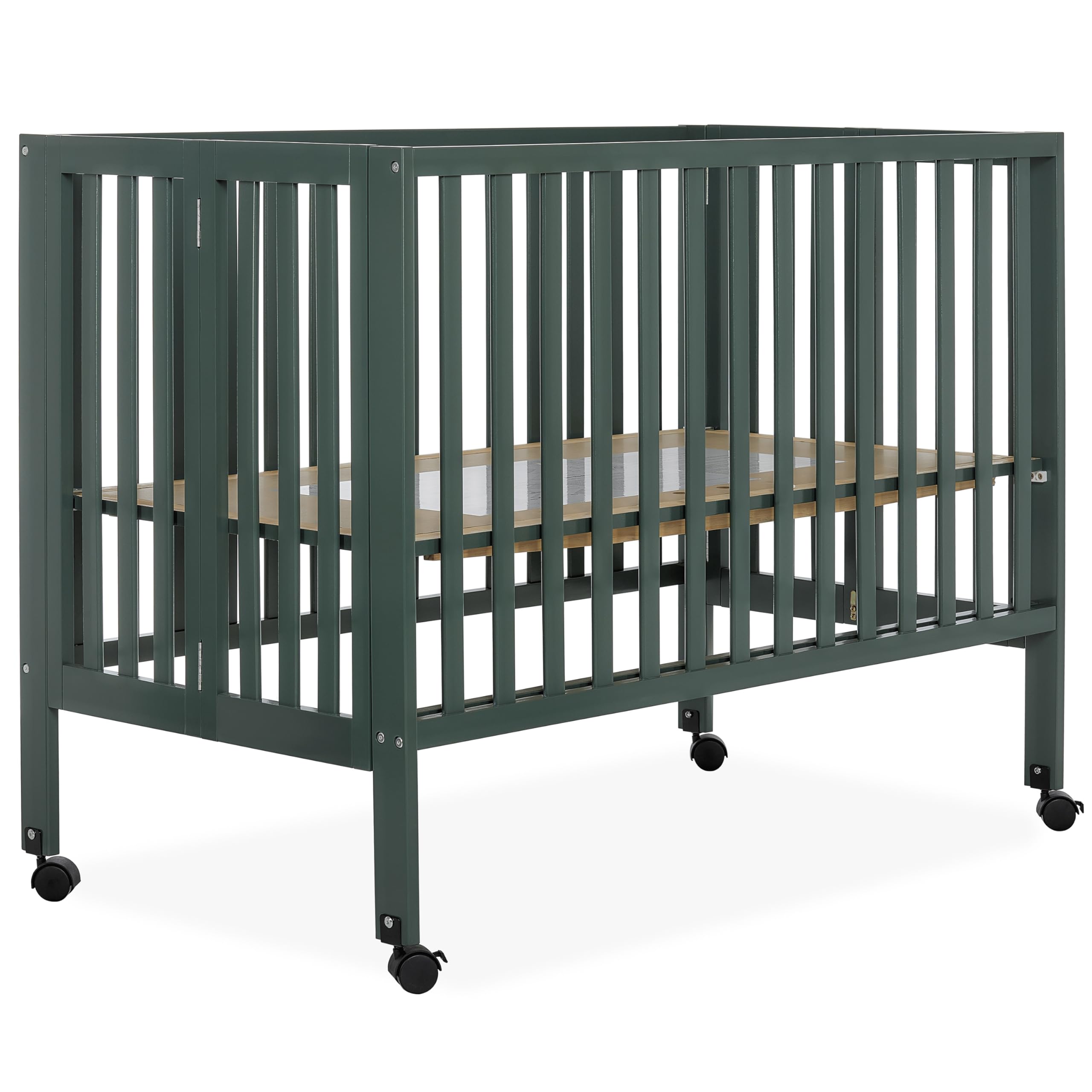 Dream On Me Quinn Full-Size Folding Crib in Olive, Removeable Wheels, Modern Nursey, Adjustable Mattress Support, Portable Crib,