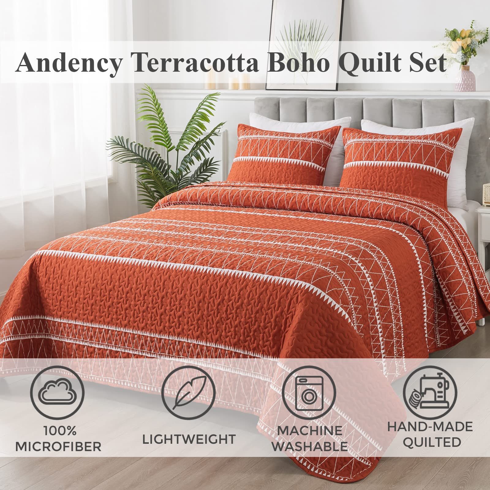 Andency Terracotta Quilt Set California King (112X104 Inch), 3 Pieces(1 Striped Triangle Printed Quilt And 2 Pillowcases), Burnt Orange Bohemian Summer Lightweight Reversible Bedspread Coverlet Sets