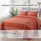 Andency Terracotta Quilt Set California King (112X104 Inch), 3 Pieces(1 Striped Triangle Printed Quilt And 2 Pillowcases), Burnt Orange Bohemian Summer Lightweight Reversible Bedspread Coverlet Sets