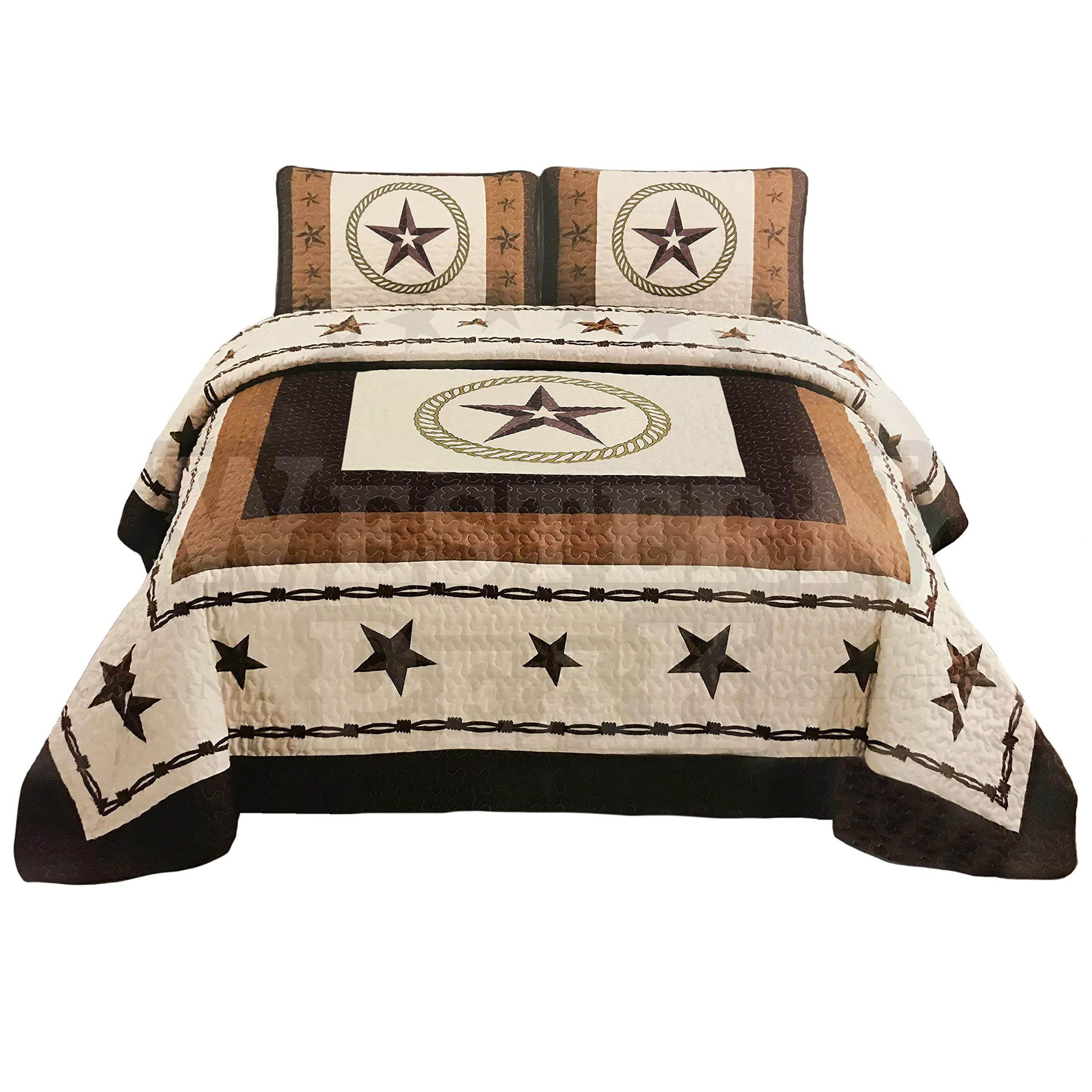 Western Collection New 3 Pieces Western Stars And Horses Cowboy Luxury Home Quilt Bedspread Oversize Comforter (Queen Beige Star
