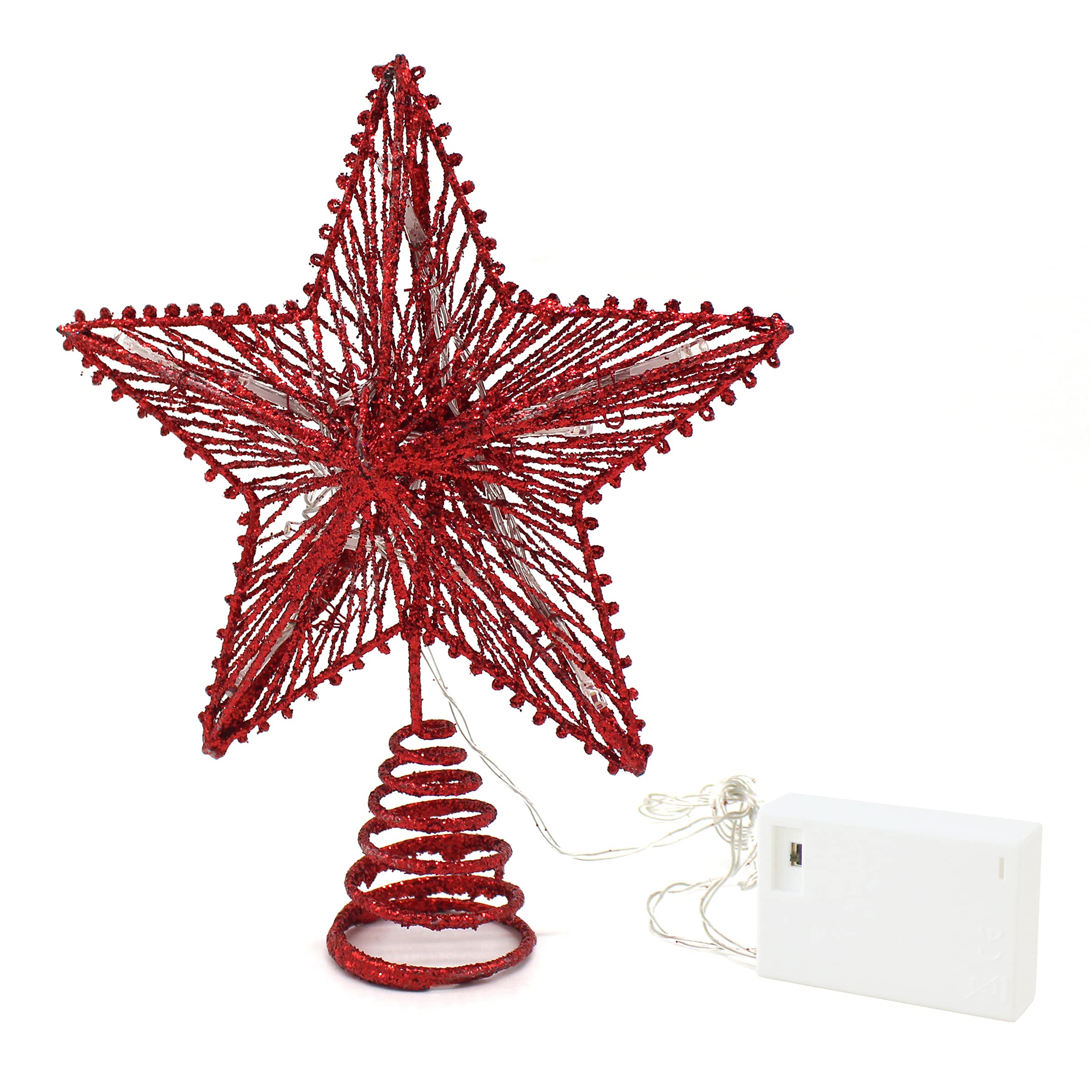 CVHOMEDECO. Red Glittered 3D Tree Top Star with Warm White LED Lights and Timer for Christmas Tree Decoration and Holiday Season