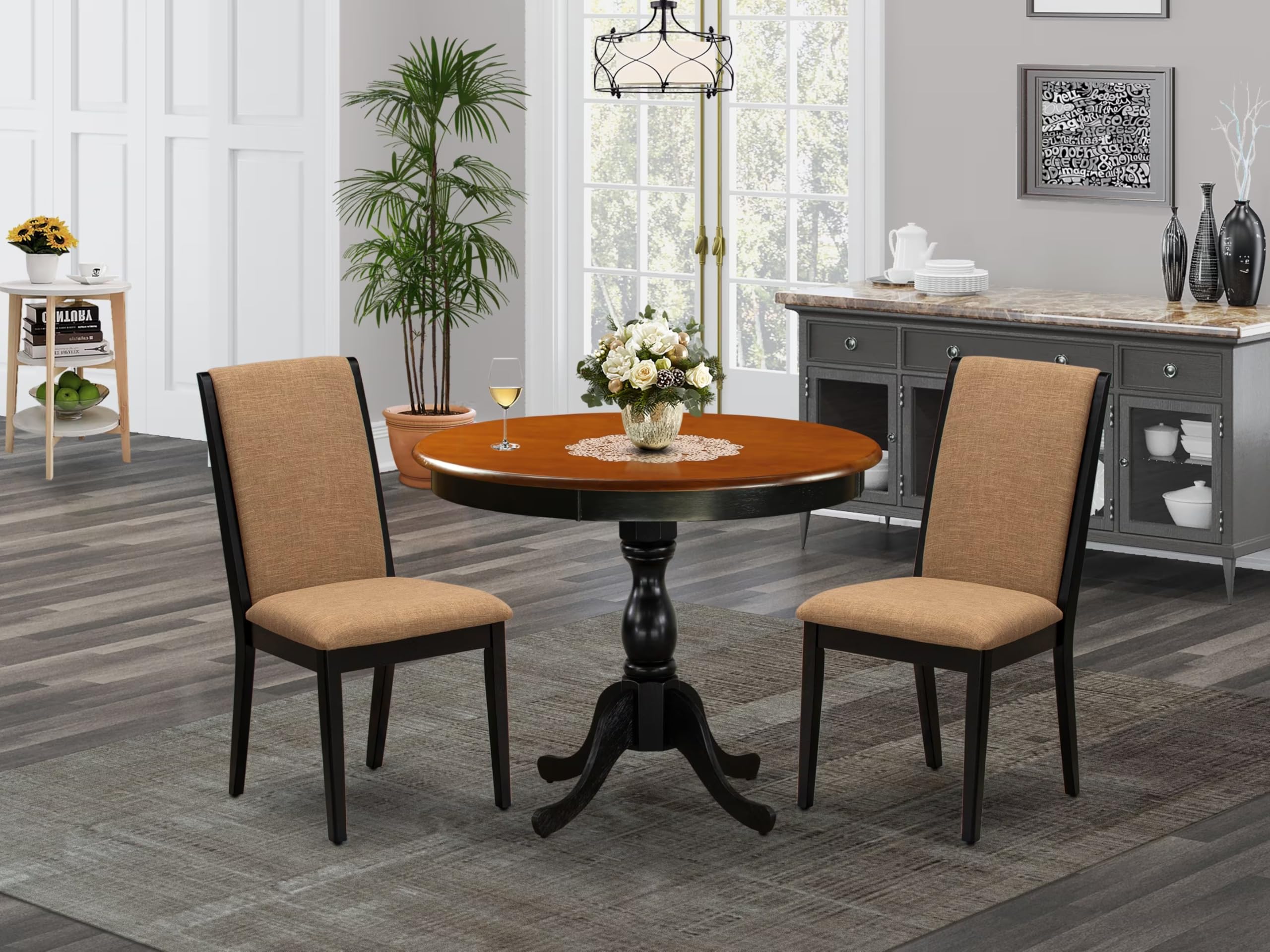 East West Furniture Amla3-Bch-47 3 Piece Dining Room Furniture Set Contains A Round Kitchen Table With Pedestal And 2 Light Sable Linen Fabric Parson Dining Chairs, 36X36 Inch, Black & Cherry