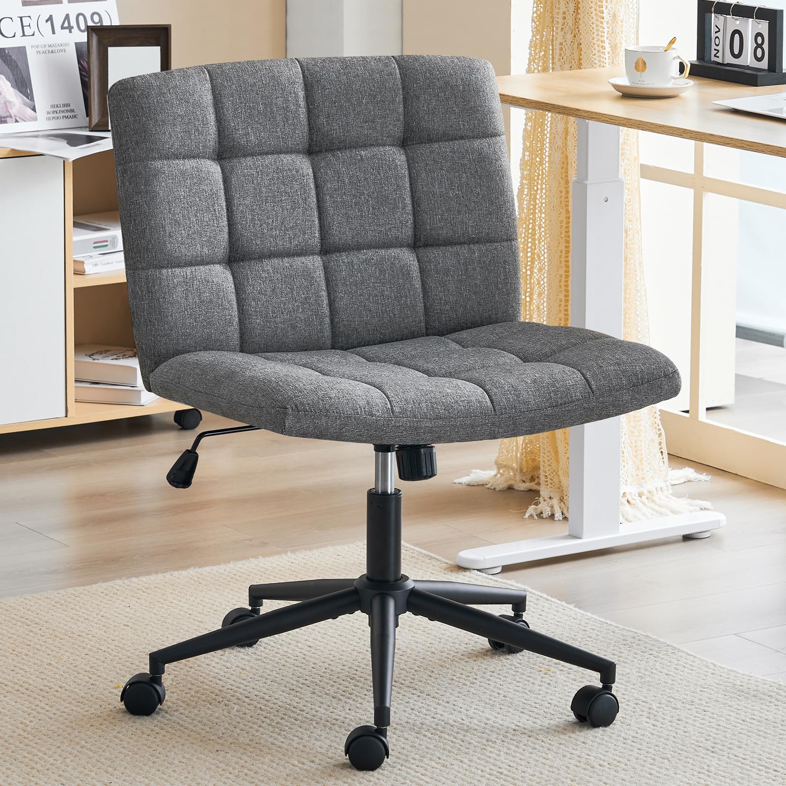Furnimart Swivel Criss Cross Legged Chair With Wheels For Home Office, Wide Armless Desk Chair Height Adjustable Comfy Seat For Desk,Vanity, Bedroom, Grey
