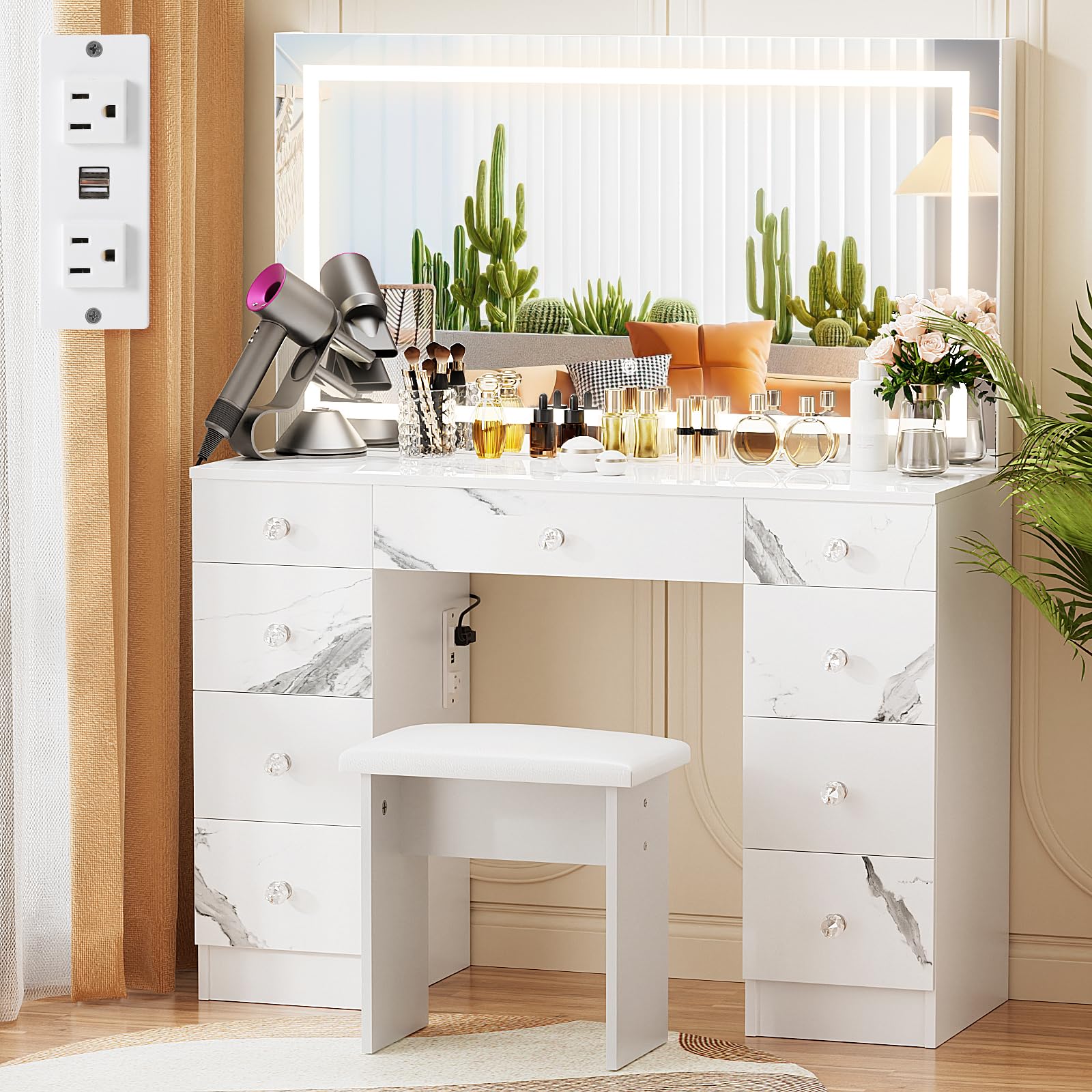 VOWNER Vanity with Lighted Mirror - Makeup Vanity Desk with Power Outlet and 9 Drawers, 3 Color Lighting Modes Adjustable Bright