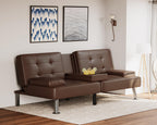Flamaker Futon Sofa Bed Modern Folding Futon Set Convertible Recliner Lounge For Living Room With 2 Cup Holders, Removable Armrests (Pu Leather, Brown)
