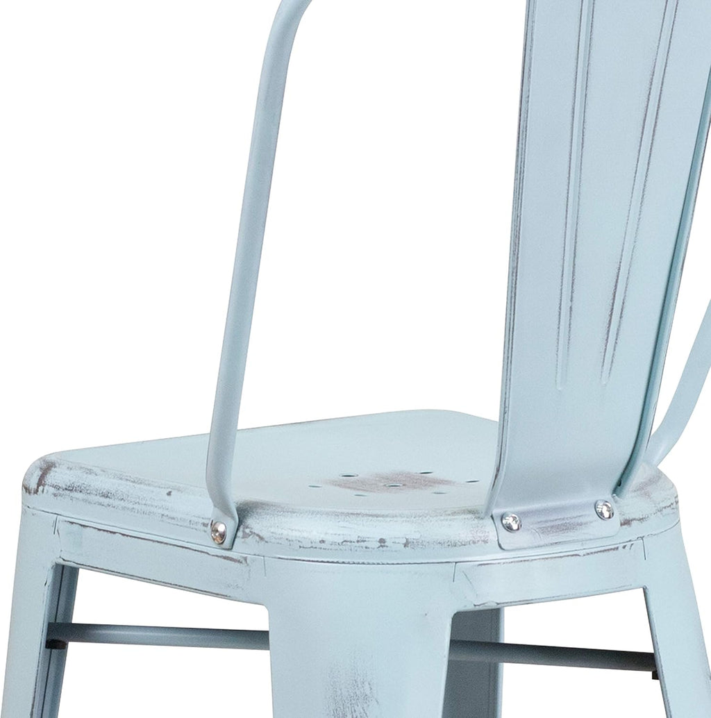 Commercial Grade 30 High Distressed Green-Blue Metal Indoor-Outdoor Barstool with Back